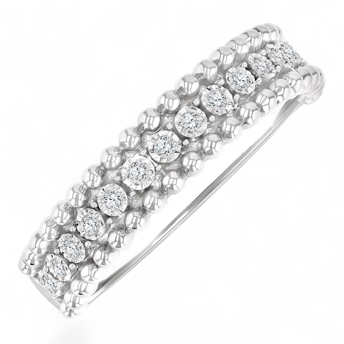 0.1 Ctw Bold Bead Design White Diamond Modern Sterling Silver Ring - Certified (1 of 3)