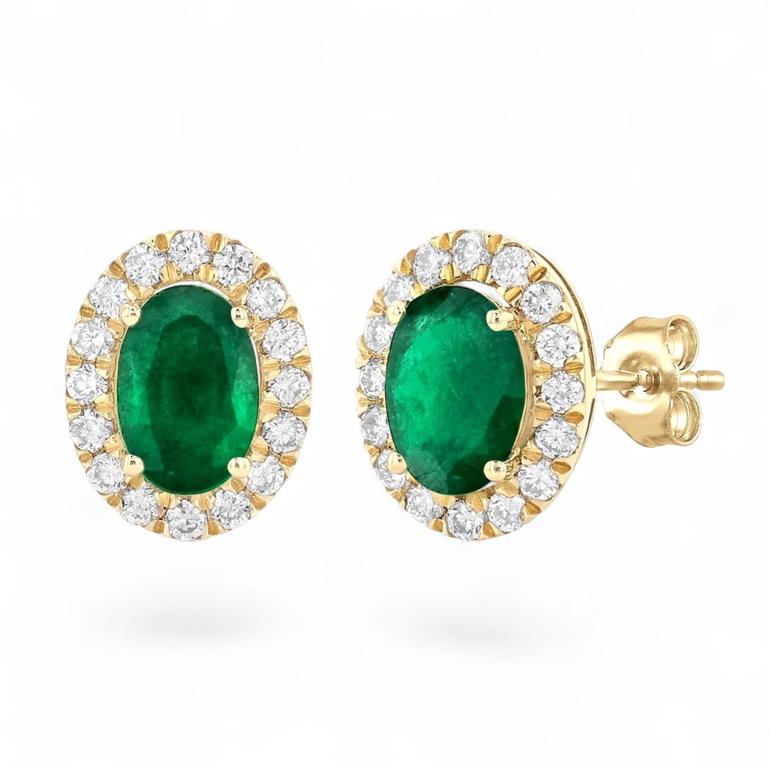 6x4 MM Emeralds and 0.26 Ctw Halo Stud White Diamond Modern 14K Yellow Gold Earrings - Certified (1 of 3)