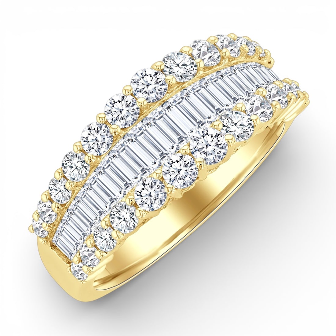 1.57 ctw Baguette & Round Diamond 14K Yellow Gold Band Ring: Rare and radiant, this magnificent Multi-Row ring featuring White Diamond offers a touch of the extraordinary. Crafted with precision, the Multi-Row Band setting is seamlessly integrated into 4.35 gra