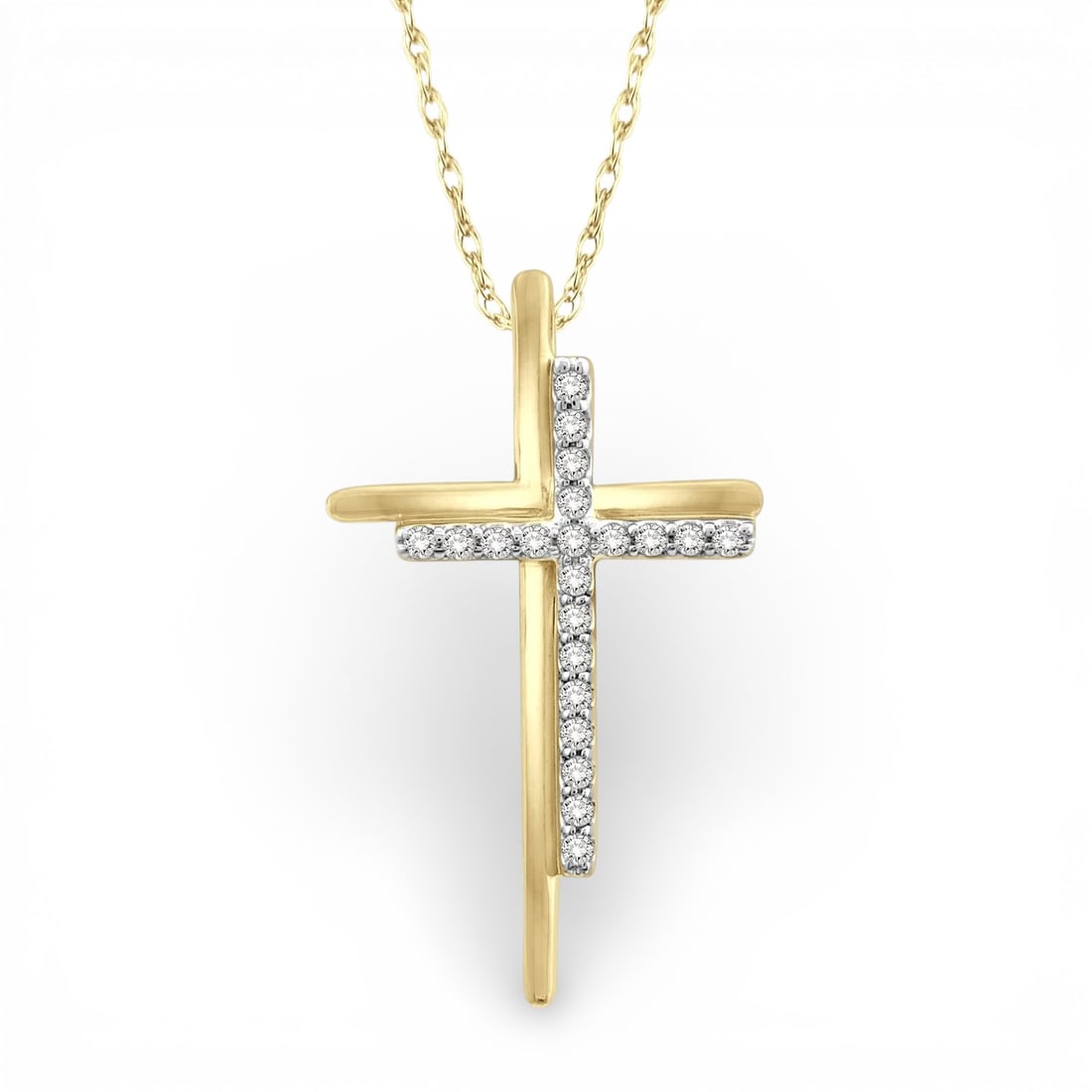 0.11 ctw Double Cross White Diamond 10K Yellow Gold Pendant: Epitomizing grandeur, this exquisite Double Cross pendant featuring White Diamond stands as a beacon of refined taste. Showcasing the gems in a Linear Setting arrangement, the pendant consists of 1.1