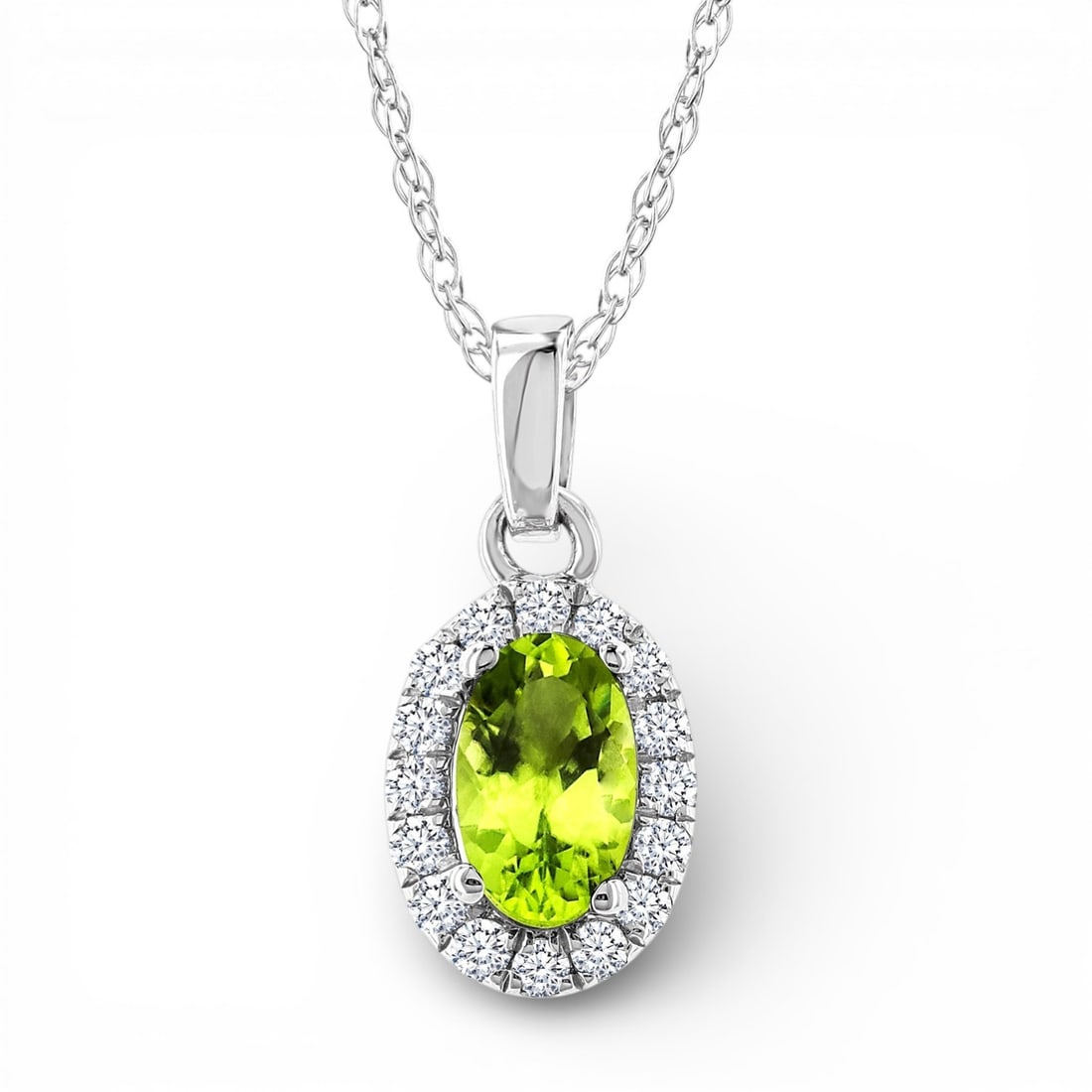 5x3mm Oval Peridot and 0.07 ctw Diamond 10K White Gold Pendant (1 of 3)