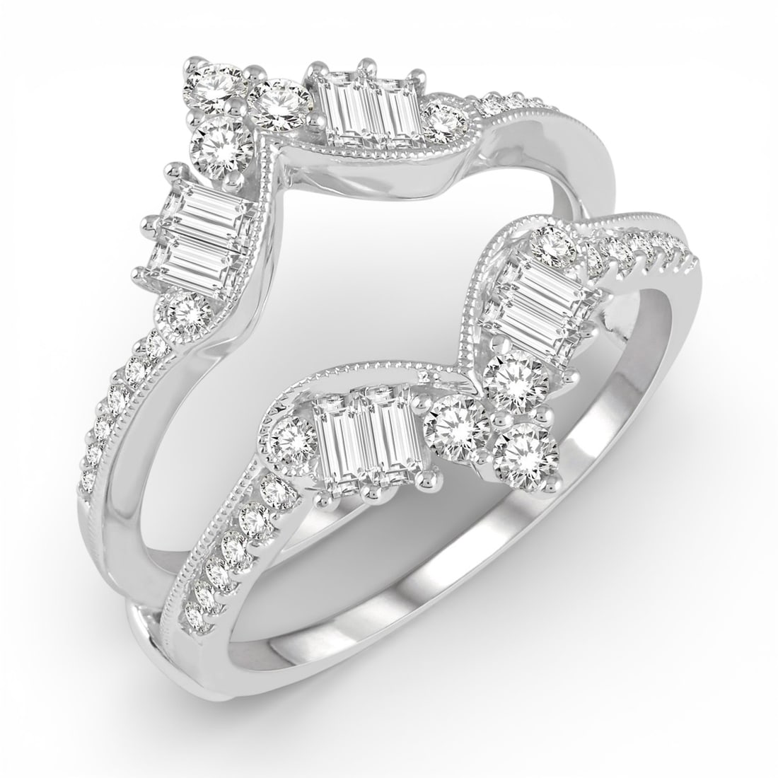 0.82 ctw Baguette and Round Diamond 14K White Gold Insert Ring: Epitomizing grandeur, this magnificent Chevron Center ring featuring Natural Diamonds stands as a beacon of refined taste. A detailed Insert/Enhancer gallery secures the stones, rendered in 4.25 grams