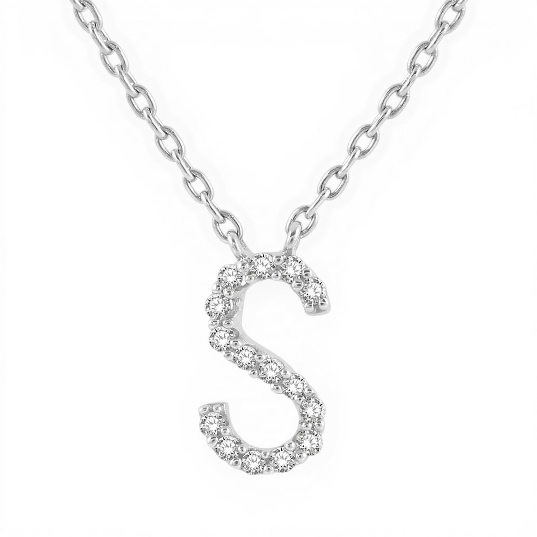 0.05ctw Diamond Initial 'S' Pendant Necklace 14K White Gold: An exquisite masterpiece of haute joaillerie, this stunning Initial 'S' necklace featuring White Diamond is a true treasure. A detailed Cluster gallery secures the stones, rendered in 0.25 g of lustro