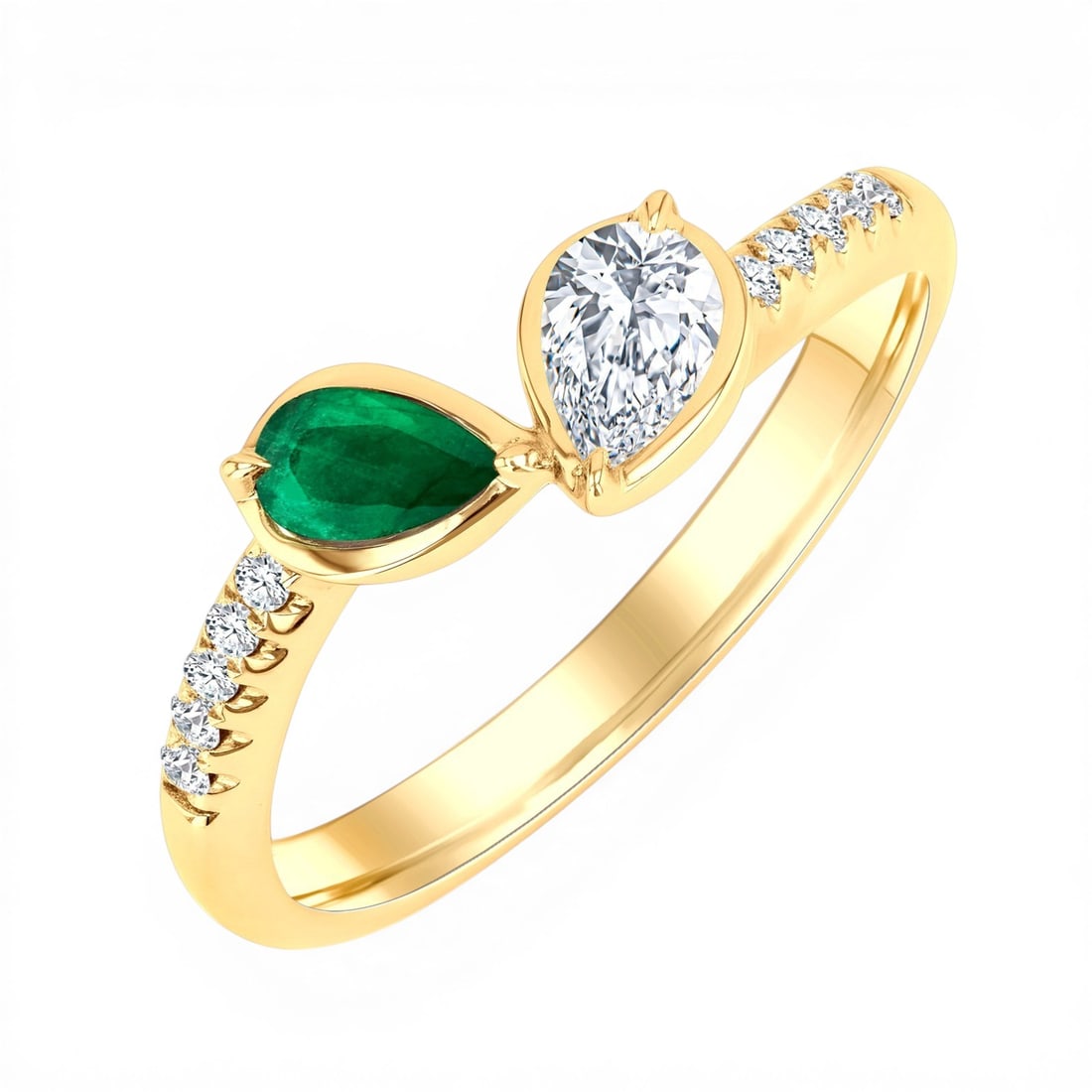 5x3mm Emerald & 0.33ctw Diamond Toi Et Moi 14K Yellow Gold Ring: Epitomizing grandeur, this magnificent Toi Et Moi ring featuring Emerald, White Diamond stands as a beacon of refined taste. Crafted with precision, the Toi et Moi setting is seamlessly integrated int