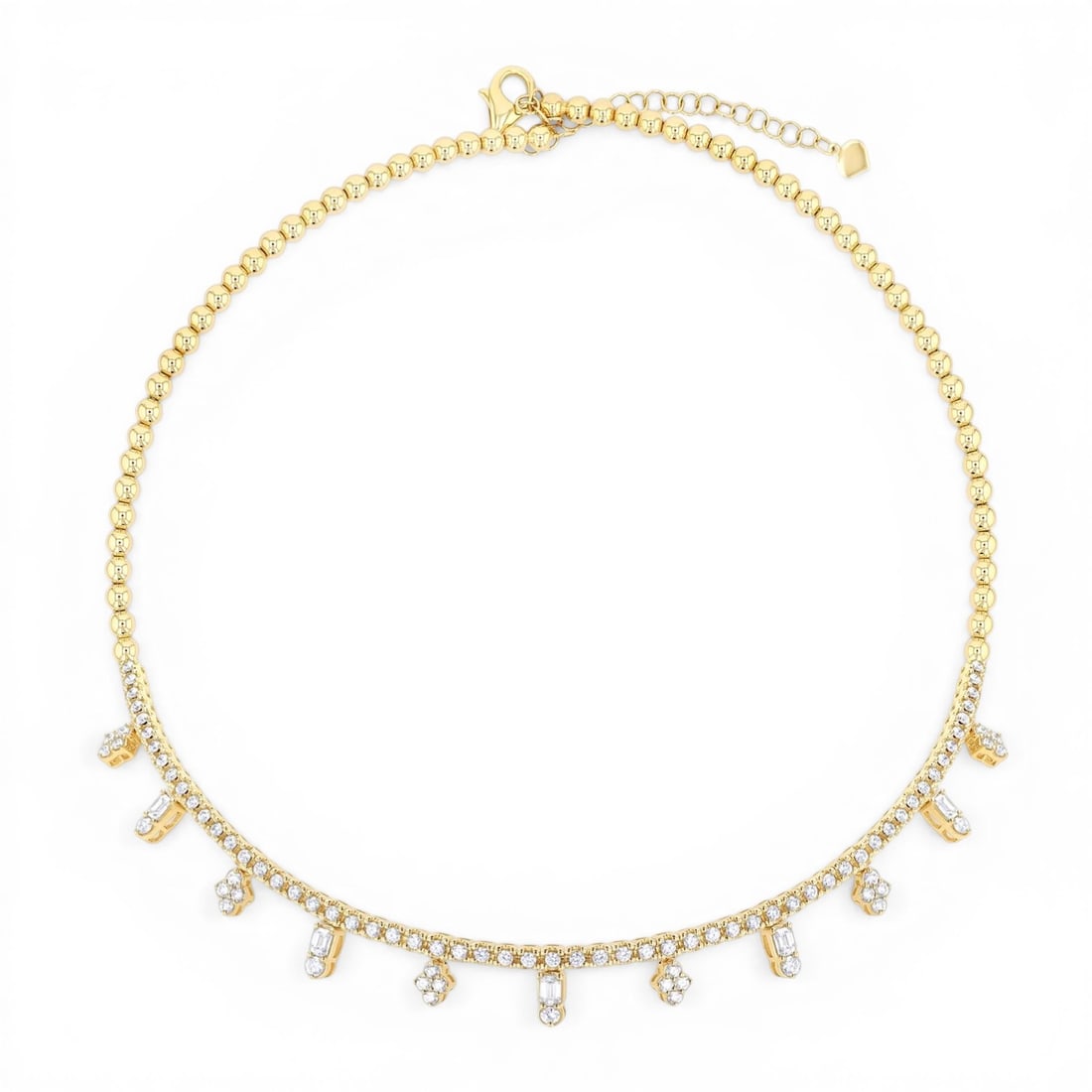 2.58ctw Baguette & Round Diamond Geometric Dangle 14K Yellow Gold Choker: Rare and radiant, this breathtaking Geometric Dangle necklace featuring White Diamond offers a touch of the extraordinary. Crafted with precision, the Line/Dangle Setting setting is seamlessly integra