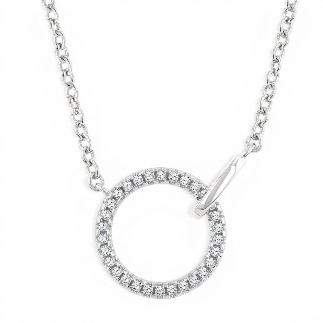 0.12ctw Diamond Interlocked Circle 10K White Gold Pendant Necklace: Timeless and sophisticated, this elegant Interlocked Circle pendant necklace featuring White Diamond radiates enduring beauty. The gemstones are nestled within an Interlocking Circle framework, suppor