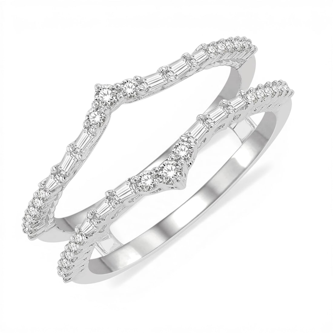 0.38ctw Baguette and Round Diamond Chevron Insert 14K White Gold Ring: Timeless and sophisticated, this breathtaking Chevron Insert ring featuring Natural Diamonds radiates enduring beauty. The gemstones are nestled within a Insert/Ring Guard Chevron framework, supported