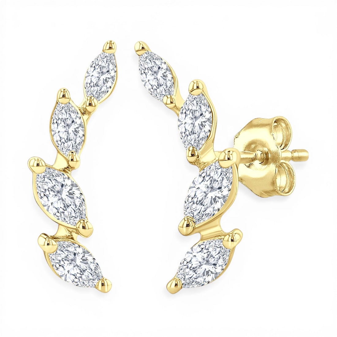 0.48ctw Marquise Diamond Leaf Vine 14K Yellow Gold Stud Earrings: Epitomizing grandeur, this stunning Leaf Vine pair of earrings featuring White Diamond stands as a beacon of refined taste. A detailed Cluster gallery secures the stones, rendered in 1.25 grams of lus