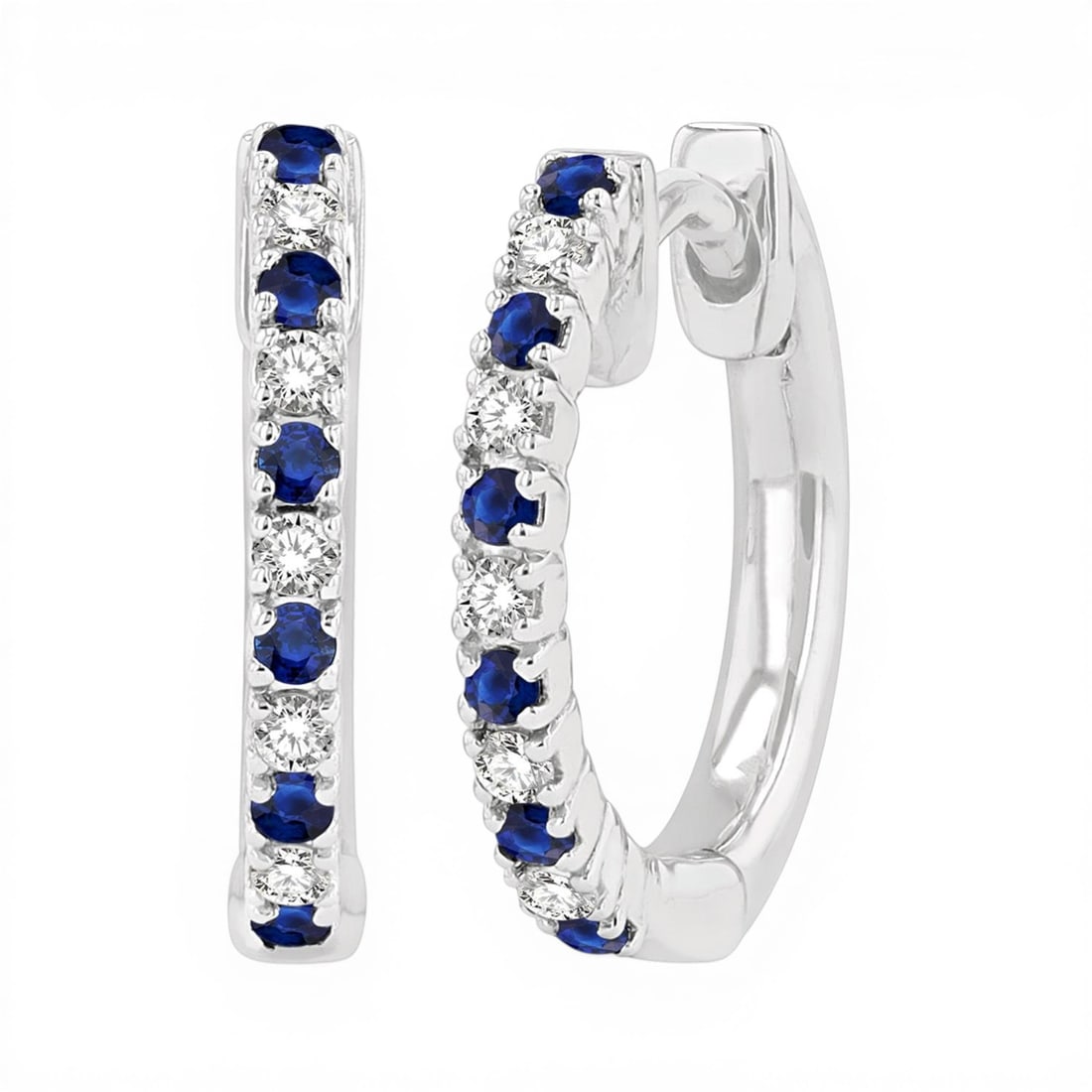 Petite 1.35mm Sapphire & 0.11ctw Diamond 10K White Gold Huggies Earrings: Exuding opulence and grace, this elegant Hoop pair of earrings featuring Blue Sapphire, White Diamond is crafted for the distinguished. A detailed Prong gallery secures the stones, rendered in 2.0 gra