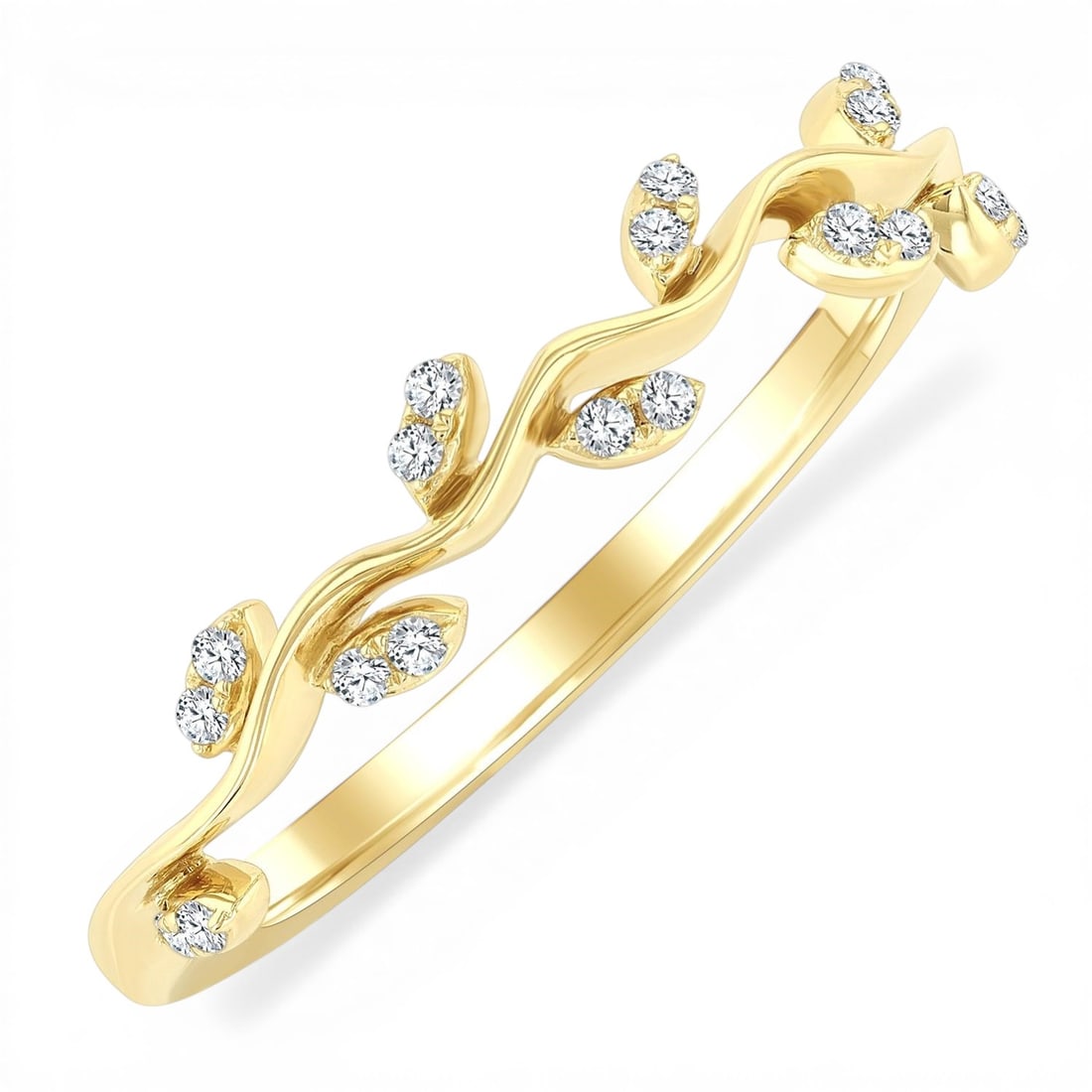 0.09ctw Diamond Leaf Stackable 10K Yellow Gold Band Ring: A vision of luxury, this elegant Leaf Motif ring featuring White Diamond defines sophistication. Securely held in a classic Stackable Band design, the ring is forged from 1.8 grams of high-polish 10K