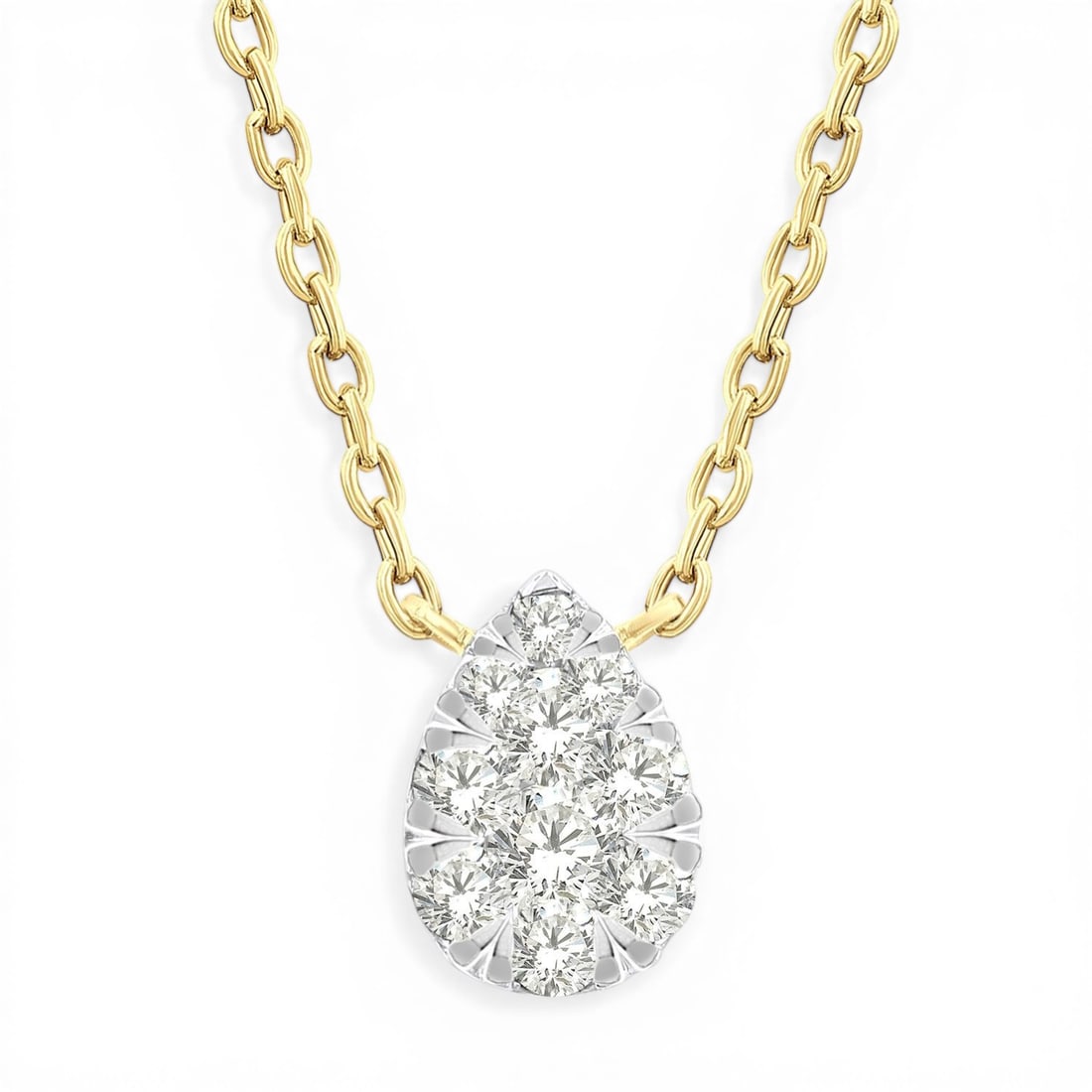 0.11ctw Cluster Petite Pear Shape Diamond 10K Yellow Gold Pendant: Rare and radiant, this elegant Cluster Petite Pear Shape pendant featuring White Diamond offers a touch of the extraordinary. Showcasing the gems in a Cluster arrangement, the pendant consists of 0.35