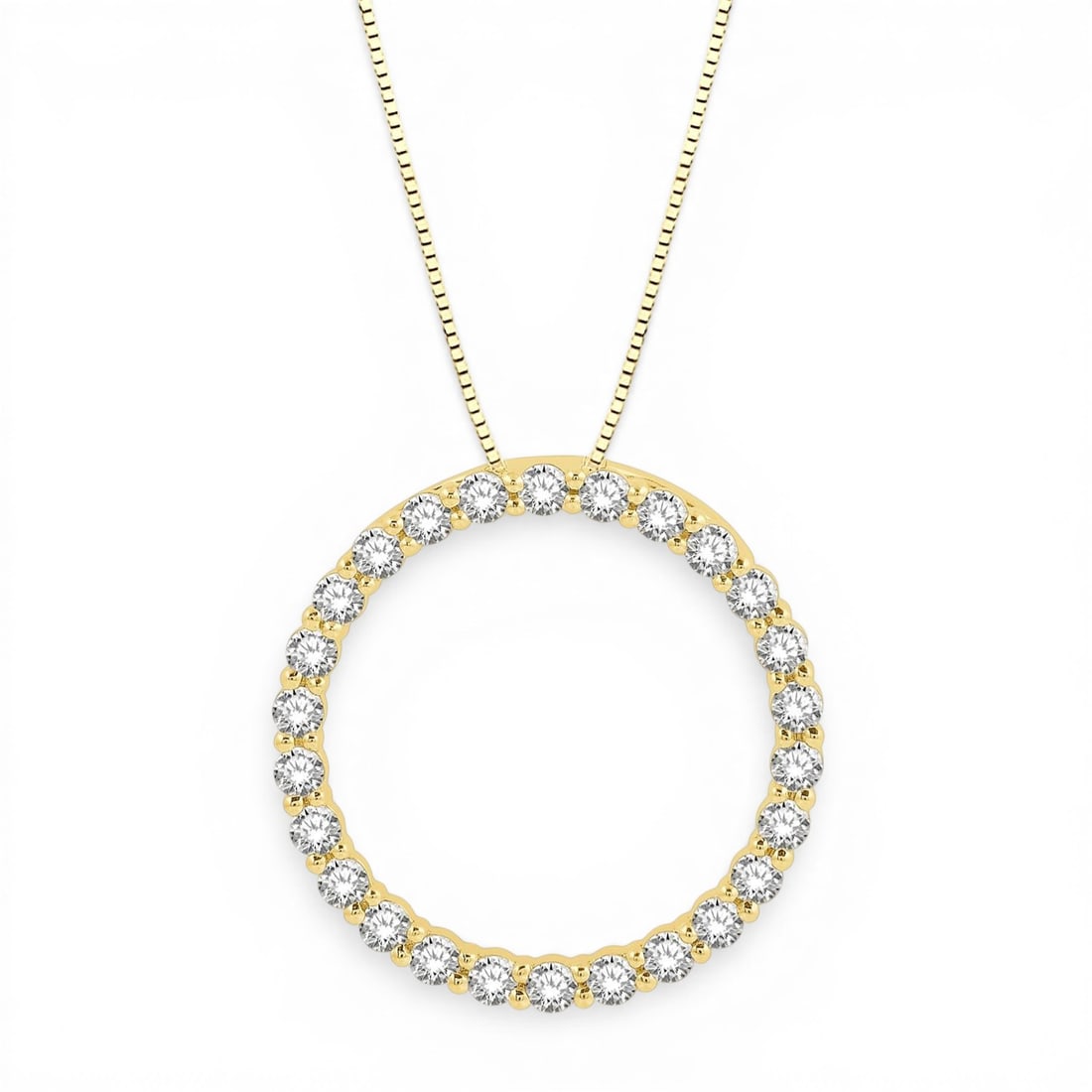 0.75ctw Diamond Circle of Love 14K Yellow Gold Pendant Necklace: Epitomizing grandeur, this breathtaking Circle pendant necklace featuring Natural Diamonds stands as a beacon of refined taste. A detailed Circle Pendant Mounting gallery secures the stones, rendered