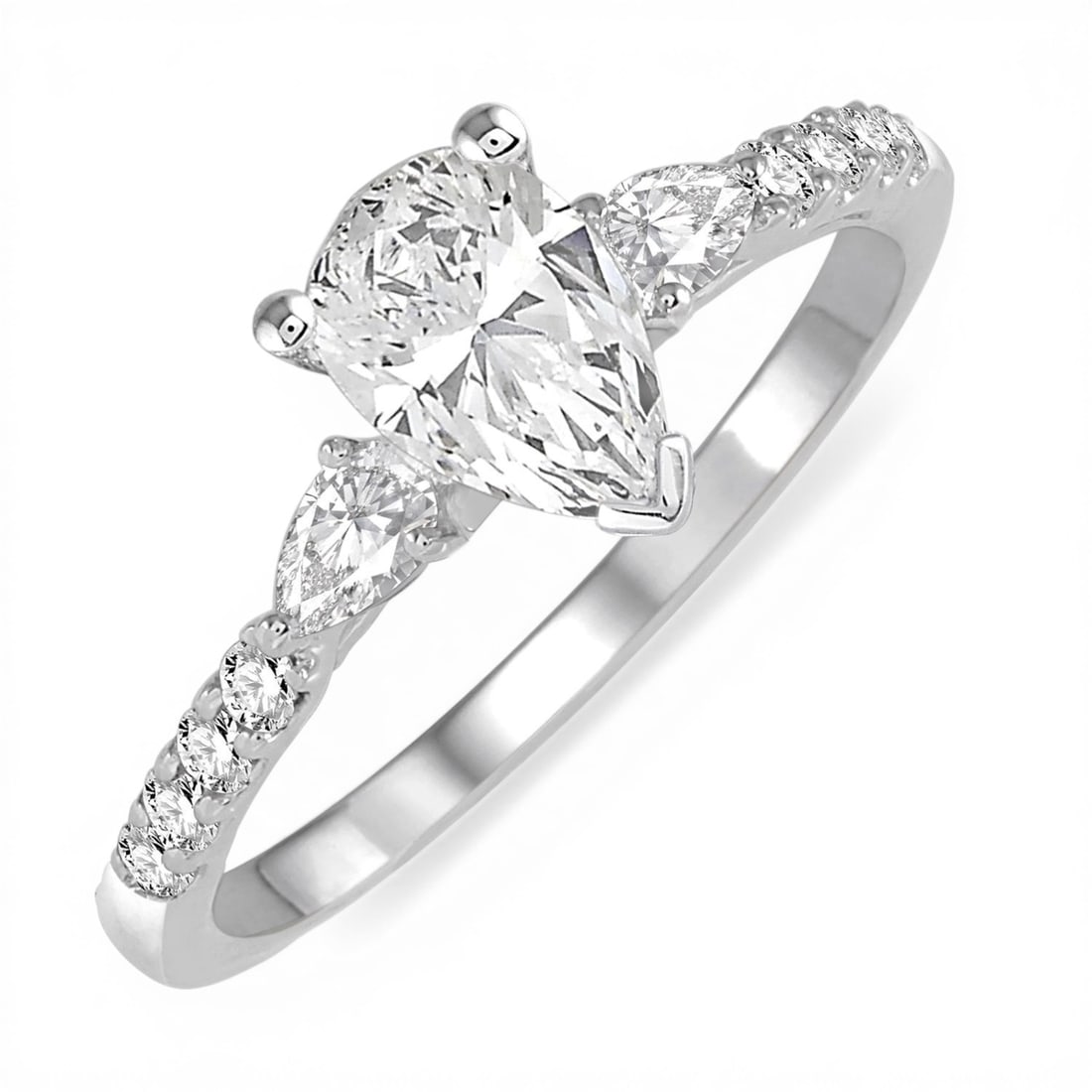 0.87ctw Pear & Round Diamond Three-Stone 14K White Gold Engagement Ring: Epitomizing grandeur, this breathtaking Triple Mount ring featuring Natural Diamonds stands as a beacon of refined taste. Crafted with precision, the Three-Stone setting is seamlessly integrated into