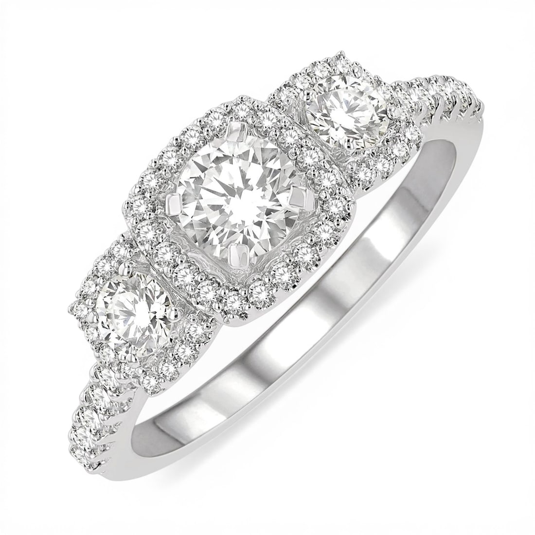 1.00ctw Diamond Cushion Past Present Future 14K White Gold Ring: A symphony of light and color, this breathtaking Cushion Shape Past, Present & Future ring featuring White Diamond embodies the pinnacle of luxury. Expertly mounted in a Three-Stone setting, the ring