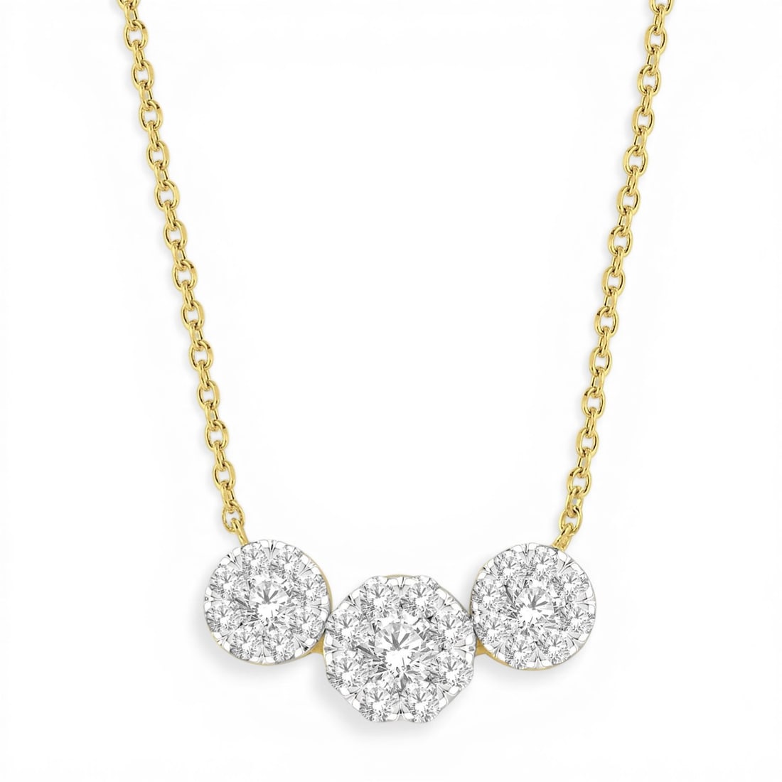 0.73ctw Round Diamond 3-Stone Cluster 14K Yellow & White Gold Necklace: A vision of luxury, this magnificent 3-Stone Cluster necklace featuring White Diamond defines sophistication. The gemstones are nestled within a Three-Stone Cluster framework, supported by a substanti