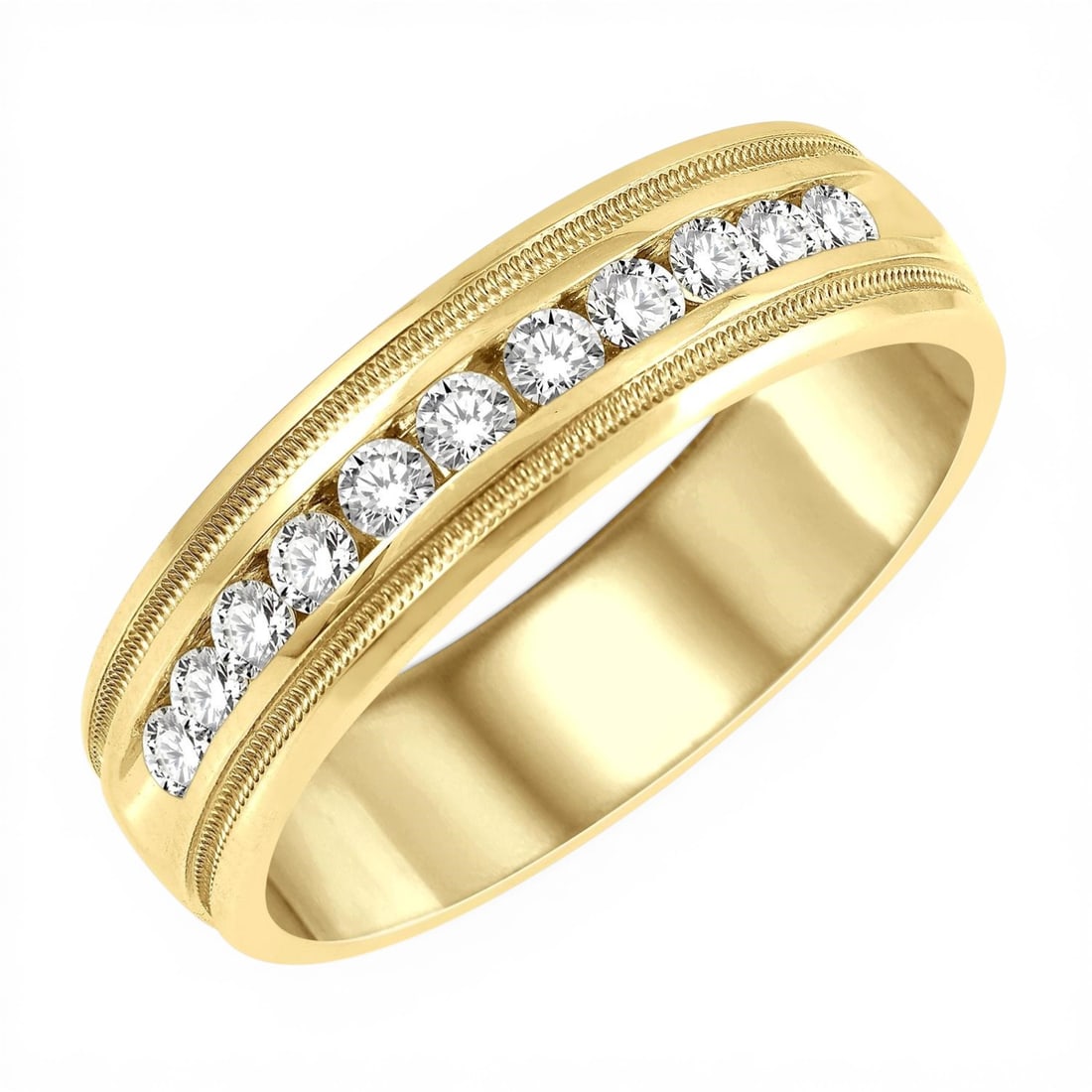 Men's 0.50ctw White Diamond Parallel Milgrain 14K Yellow Gold Band Ring: Epitomizing grandeur, this magnificent Parallel Milgrain ring featuring White Diamond stands as a beacon of refined taste. Showcasing the gems in a Channel-Set Band arrangement, the ring consists of 8