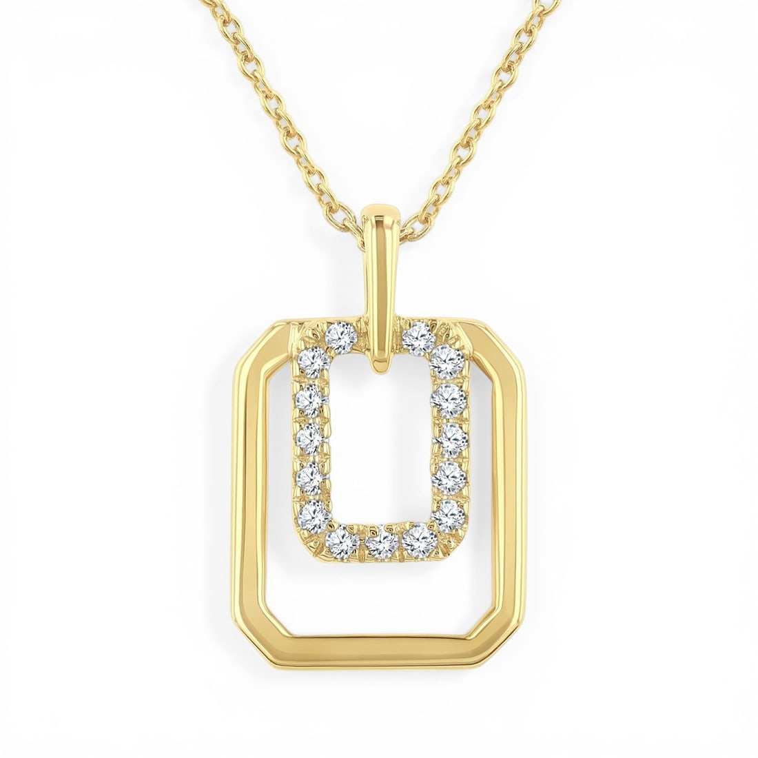 0.11ctw White Diamond Geometric Frame Drop 10K Yellow Gold Pendant: An exquisite masterpiece of haute joaillerie, this magnificent Nested Octagonal Frame pendant featuring White Diamond is a true treasure. Crafted with precision, the Geometric Frame Drop setting is se