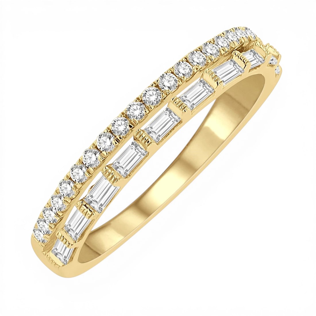 0.50ctw Baguette and Round Diamond 14K Yellow Gold Stackable Band Ring: A testament to superior craftsmanship, this magnificent Parallel Row ring featuring White Diamond is unparalleled. A detailed Multi-Row Band gallery secures the stones, rendered in 2.9 grams of lustro