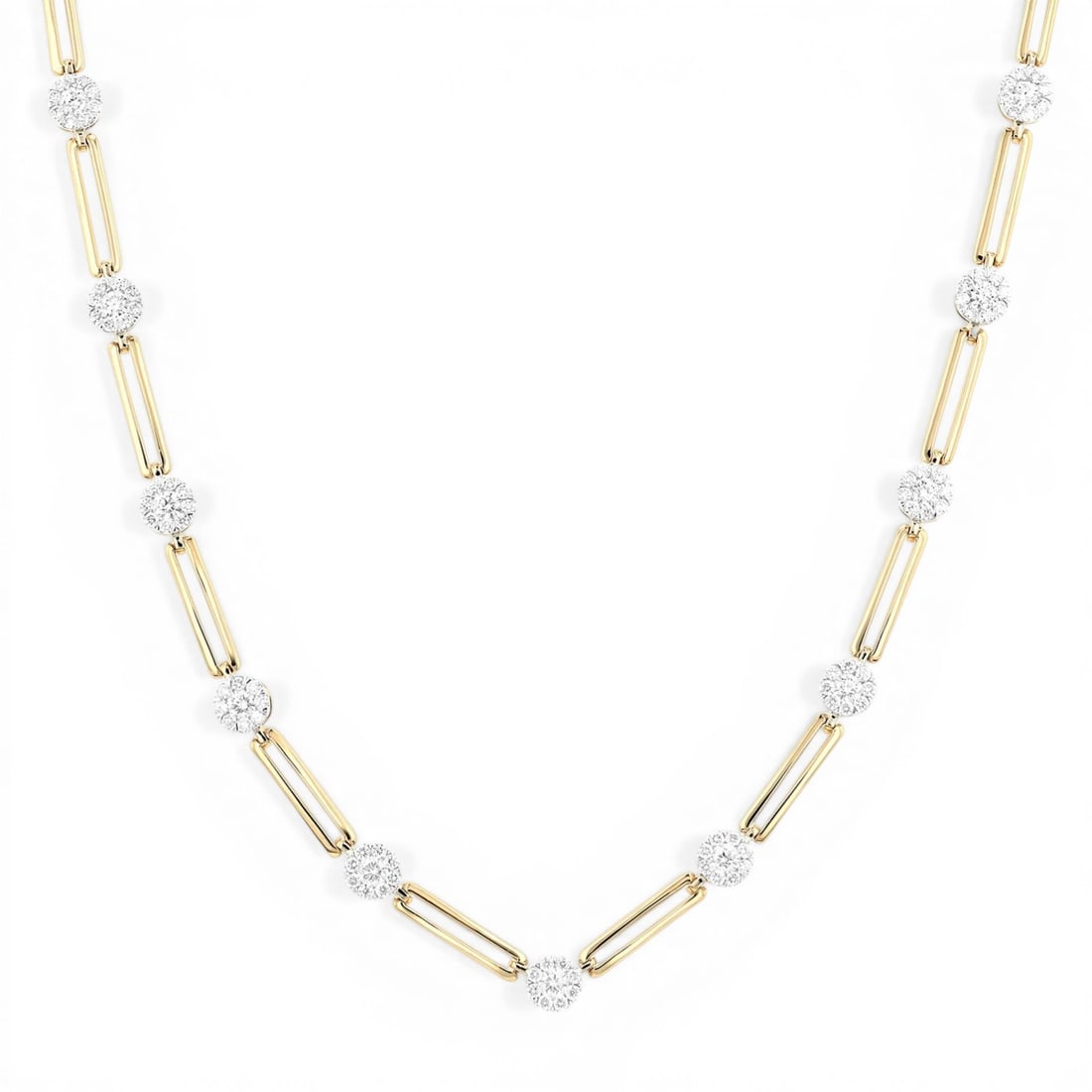 1.31ctw White Diamond Cluster Paperclip 14K Yellow & White Gold Necklace: Exuding opulence and grace, this magnificent Paperclip necklace featuring Natural Diamonds is crafted for the distinguished. A detailed Cluster gallery secures the stones, rendered in 15.0 grams of lu