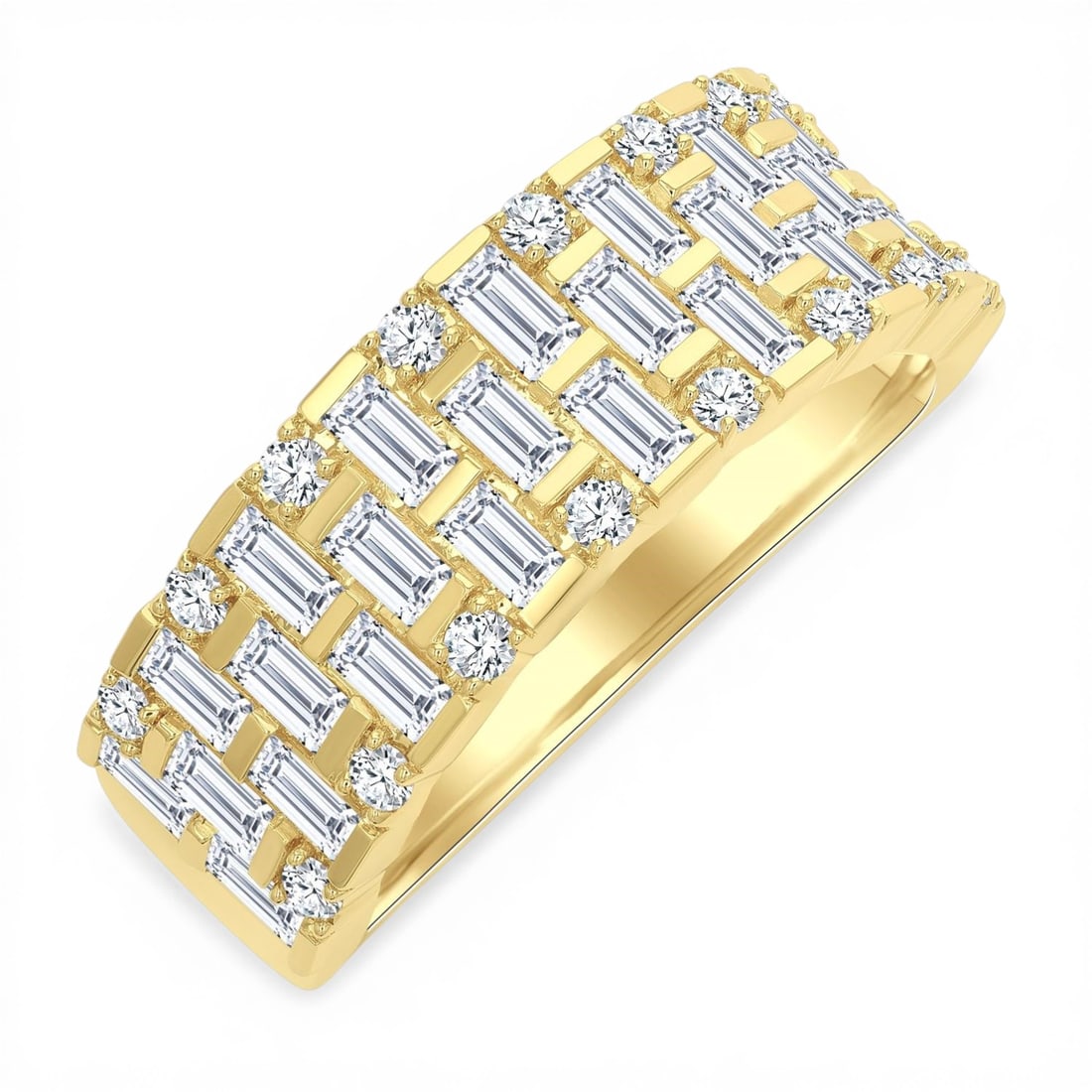 1.09ctw Grid Pattern Diamond Baguette and Round 14k Yellow Gold Band Ring: Rare and radiant, this breathtaking Grid Pattern band ring featuring White Diamond offers a touch of the extraordinary. A detailed Channel and Prong Combination Wide Band gallery secures the stones, r