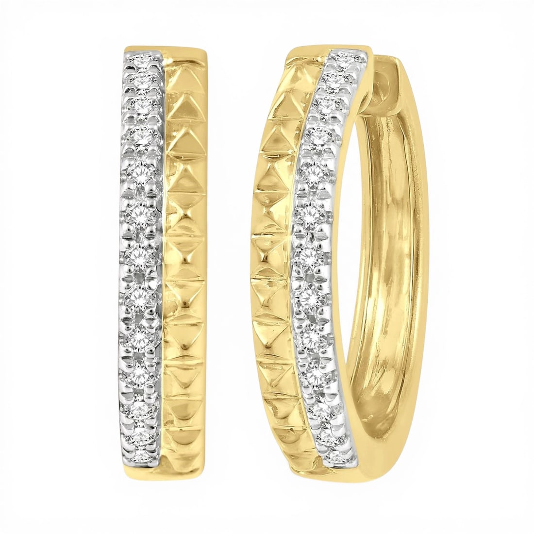 0.10ctw Pyramid Diamond Huggie Earrings in 10K Yellow Gold: Epitomizing grandeur, this stunning Pyramid pair of earrings featuring White Diamond stands as a beacon of refined taste. Crafted with precision, the Huggie Hoop setting is seamlessly integrated into