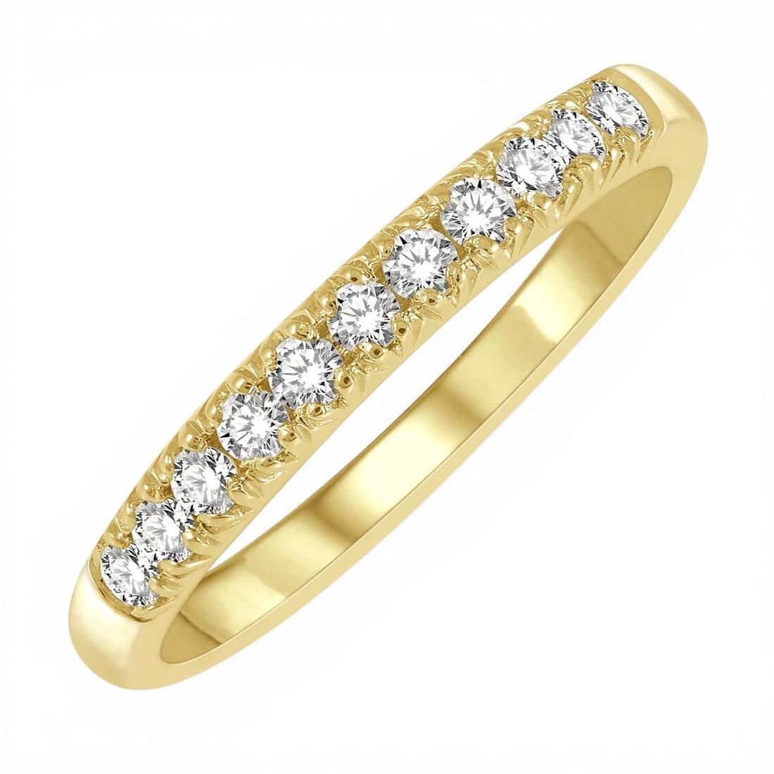 0.26ctw 11-Stone Round Diamond Pave 14K Yellow Gold Wedding Band: A vision of luxury, this elegant 11 Stone ring featuring White Diamond defines sophistication. The gemstones are nestled within a Pave framework, supported by a substantial 2.5 grams 14K Yellow Gold b