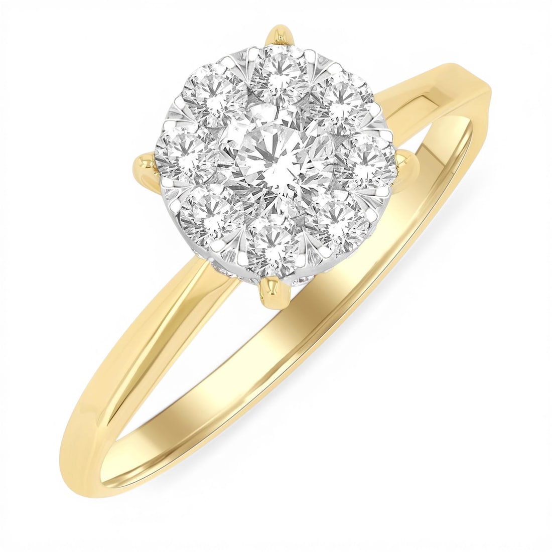 0.60ctw Diamond Cluster 14K Yellow & White Gold Engagement Ring: Timeless and sophisticated, this elegant Circular Shape Cluster ring featuring White Diamond radiates enduring beauty. Securely held in a classic Cluster design, the ring is forged from 2.45 grams of