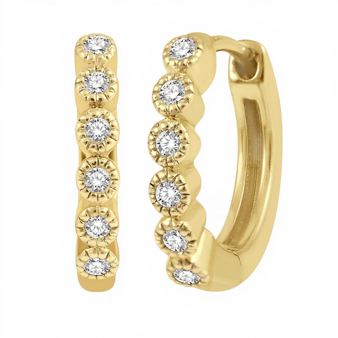 0.10ctw Diamond Huggie Petite 14K Yellow Gold Earrings: Epitomizing grandeur, this elegant Huggie pair of earrings featuring Natural Diamonds stands as a beacon of refined taste. Showcasing the gems in a Bezel arrangement, the earrings consists of 1.95 gra