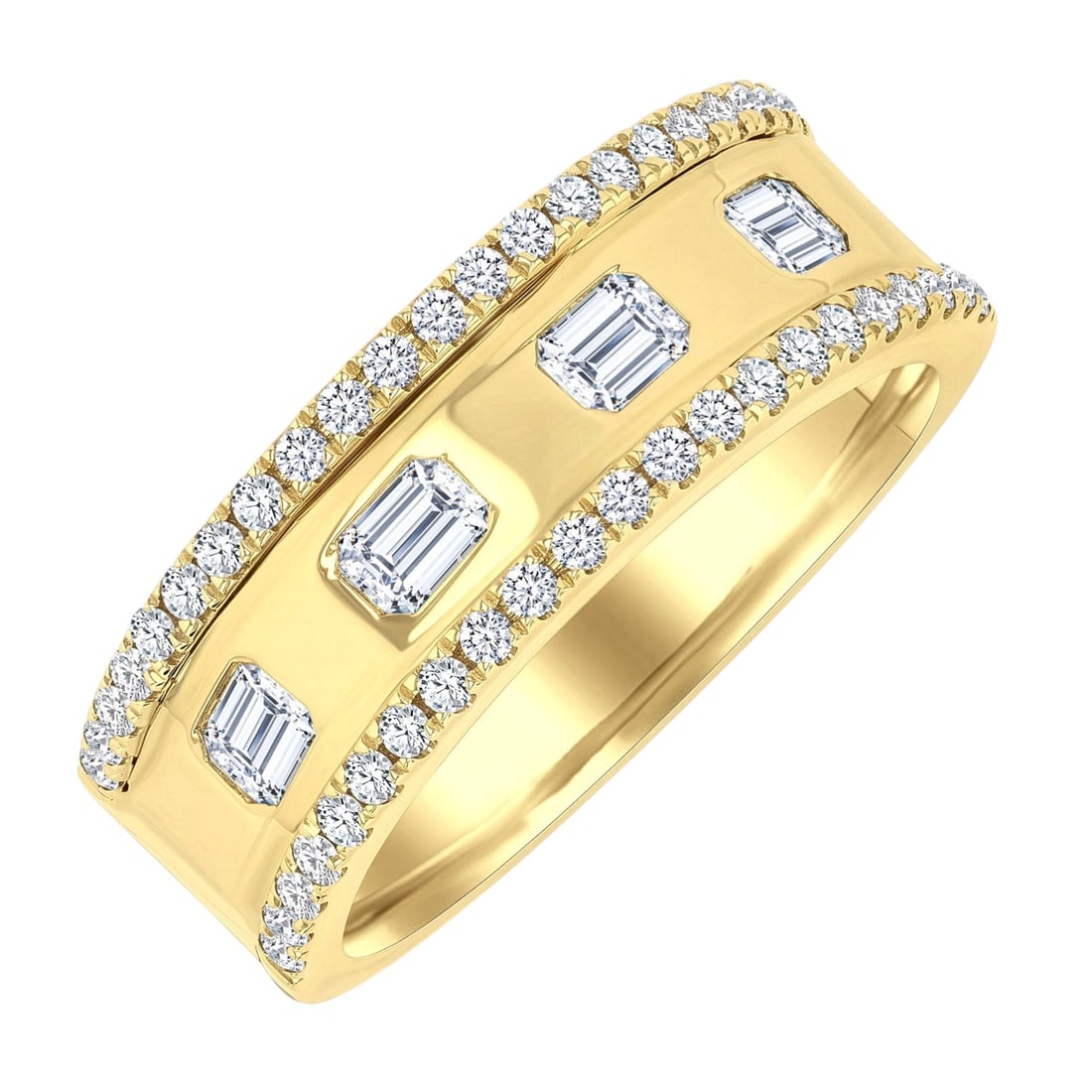 0.69ctw Emerald and Round Cut Diamond Wide Band Ring 14K Yellow Gold: Rare and radiant, this magnificent Wide 4-Stone band ring featuring White Diamonds offers a touch of the extraordinary. Showcasing the gems in a Band arrangement, the ring consists of 5.7 grams of 14K
