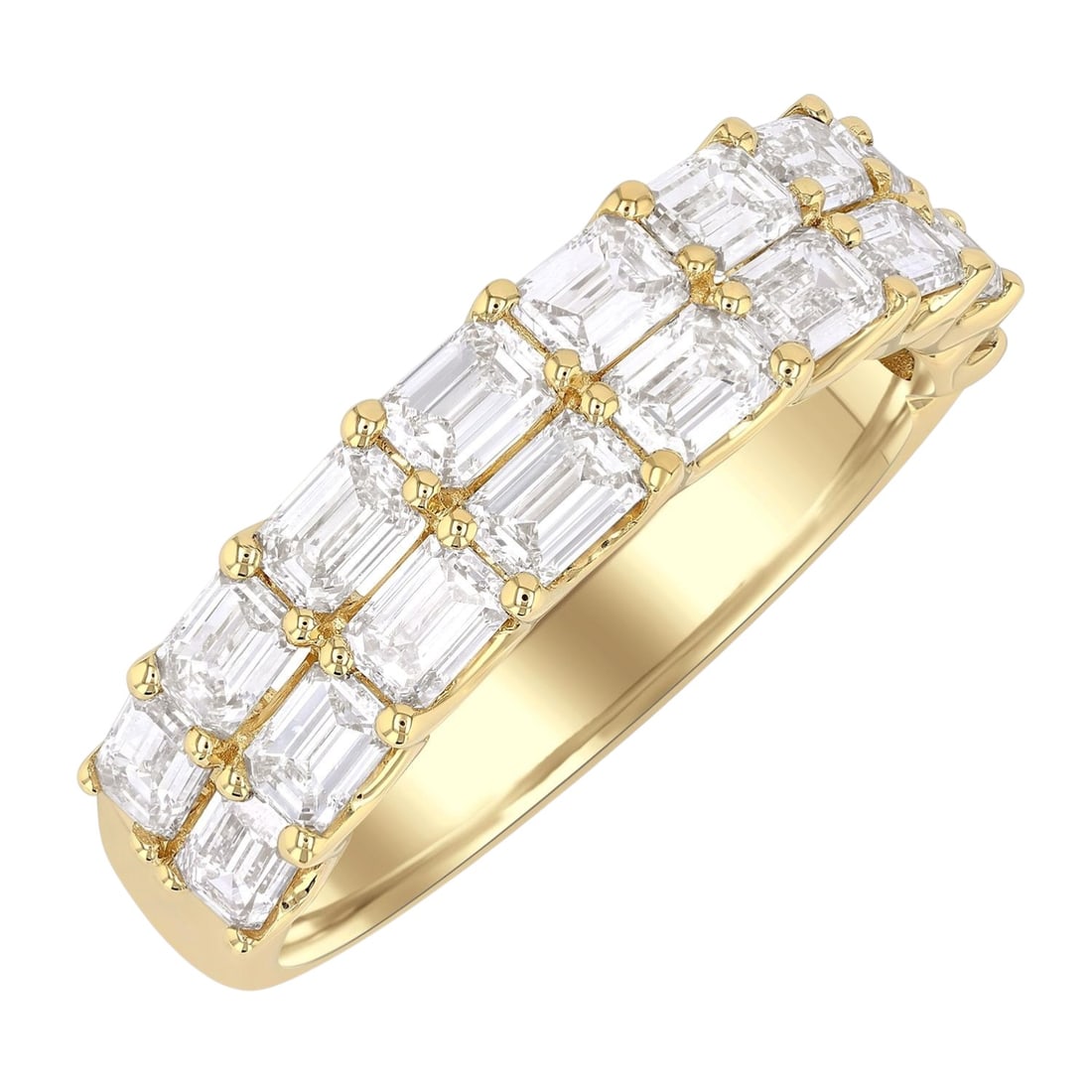 2.07ctw Emerald Cut Diamond Twin Row 14k Yellow Gold Band Ring: A symphony of light and color, this magnificent Twin Row band ring featuring White Diamond embodies the pinnacle of luxury. Expertly mounted in a Two-Row Band setting, the band ring is crafted in 4.0