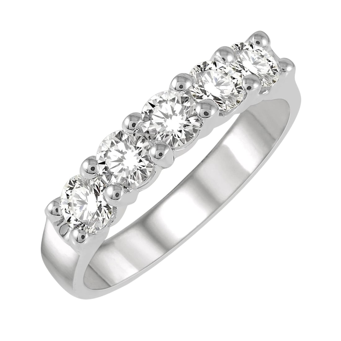 1.0ctw 5-Stone Diamond Wedding Band 14K White Gold Ring: Exuding opulence and grace, this magnificent 5 Stone ring featuring White Diamond is crafted for the distinguished. A detailed Five-Stone Band gallery secures the stones, rendered in 3.6 grams of lust
