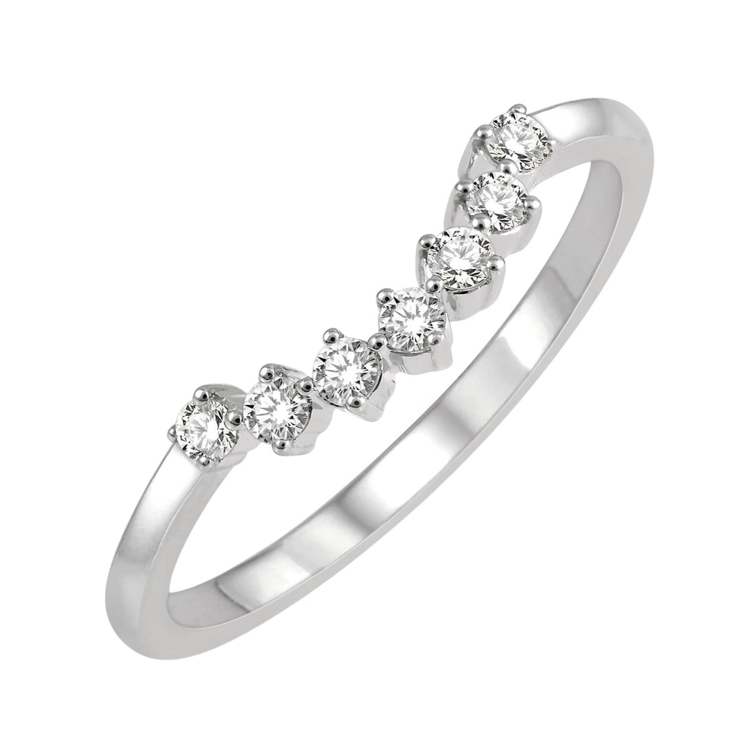 0.17ctw Vintage Curved Diamond Wedding Band in 14K White Gold: Rare and radiant, this elegant Vintage Circular Mount band ring featuring White Diamonds offers a touch of the extraordinary. A detailed Curved Band gallery secures the stones, rendered in 1.8 g of lu