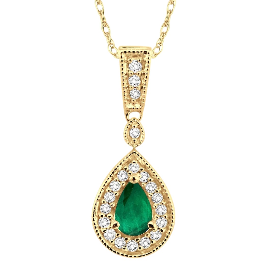6x4mm Pear Emerald and 0.14ctw Diamond 14K Yellow Gold Pendant: Rare and radiant, this elegant Halo pendant featuring Emerald, White Diamond offers a touch of the extraordinary. Showcasing the gems in a Halo arrangement, the pendant consists of 1.95 grams of 14K Y