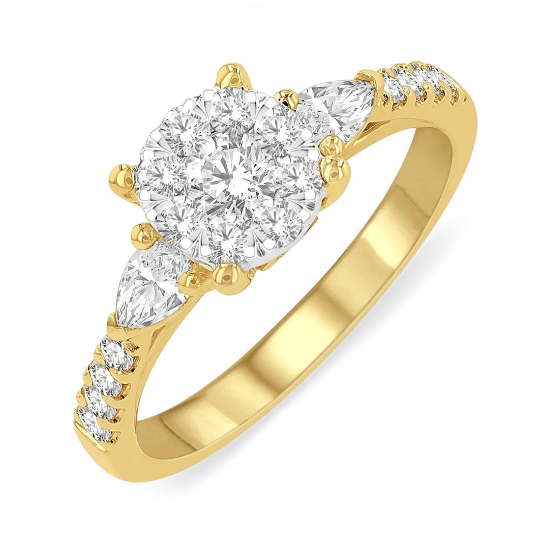 0.83ctw Cluster Diamond Pear Accent 14K Yellow and White Gold Engagement Ring: Captured in a moment of brilliance, this stunning Cluster ring featuring White Diamond speaks to the connoisseur. Expertly mounted in a Three-Stone setting, the ring is crafted in 3.85 grams of solid