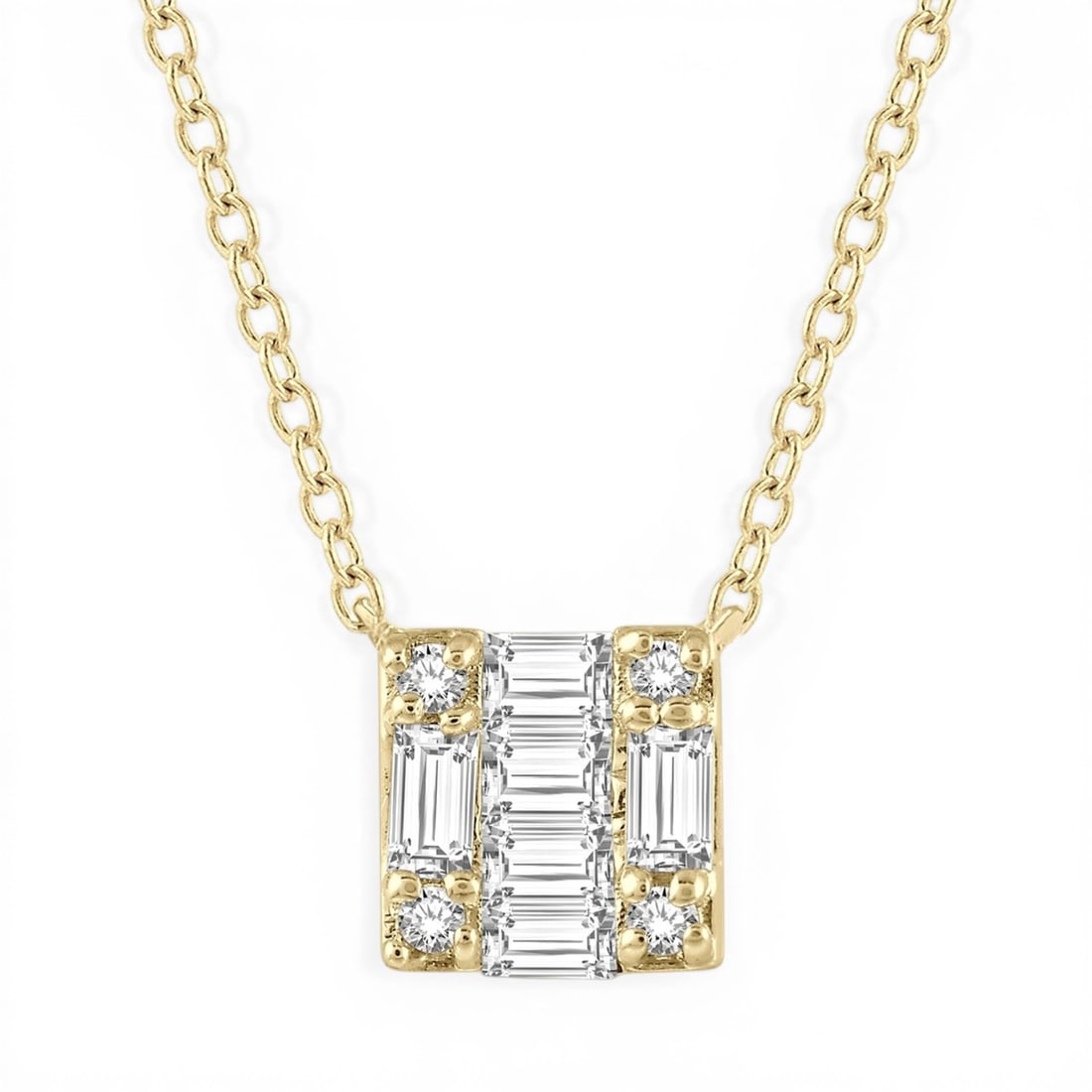 0.12ctw Square Baguette & Round Diamond 10K Yellow Gold Pendant: Epitomizing grandeur, this elegant Square Shape pendant featuring White Diamonds stands as a beacon of refined taste. A detailed Channel gallery secures the stones, rendered in 0.55 grams of lustrous