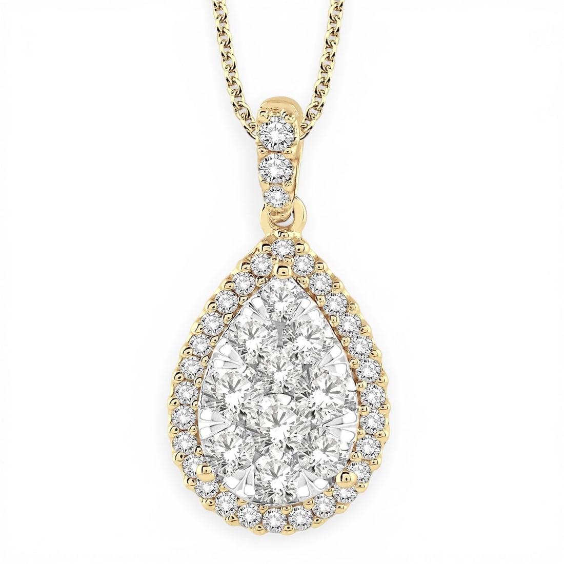 1.96ctw Diamond Cluster 14K Yellow & White Gold Pendant: Exuding opulence and grace, this breathtaking Pear Shape Cluster pendant featuring Natural Diamonds is crafted for the distinguished. A detailed Halo gallery secures the stones, rendered in 3.5 grams