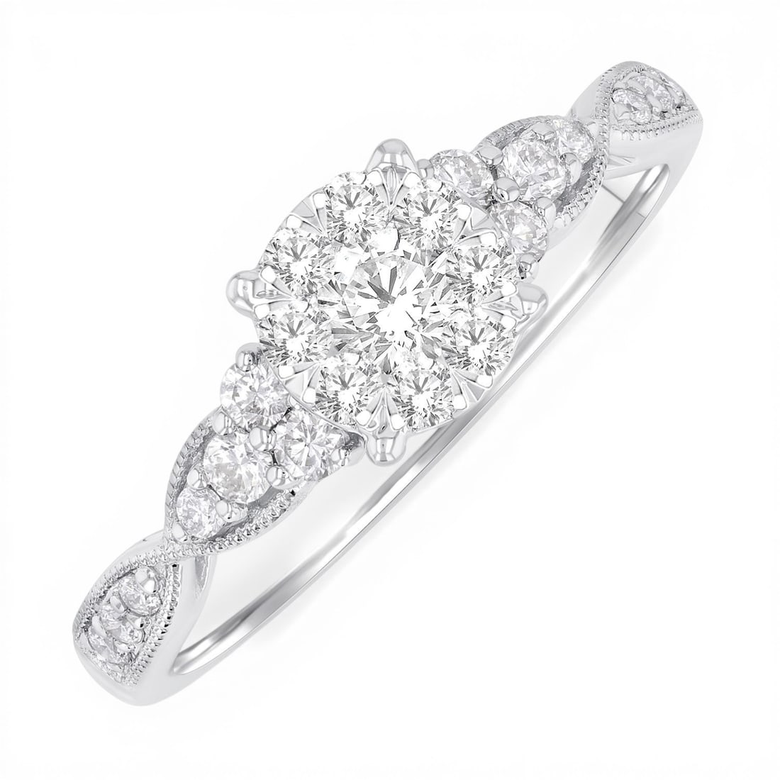 0.46ctw Cluster Diamond Carved Shank 14K White Gold Engagement Ring: Captured in a moment of brilliance, this stunning Cluster Carved Shank ring featuring Natural Diamonds speaks to the connoisseur. Expertly mounted in a Cluster setting, the ring is crafted in 2.6 gram