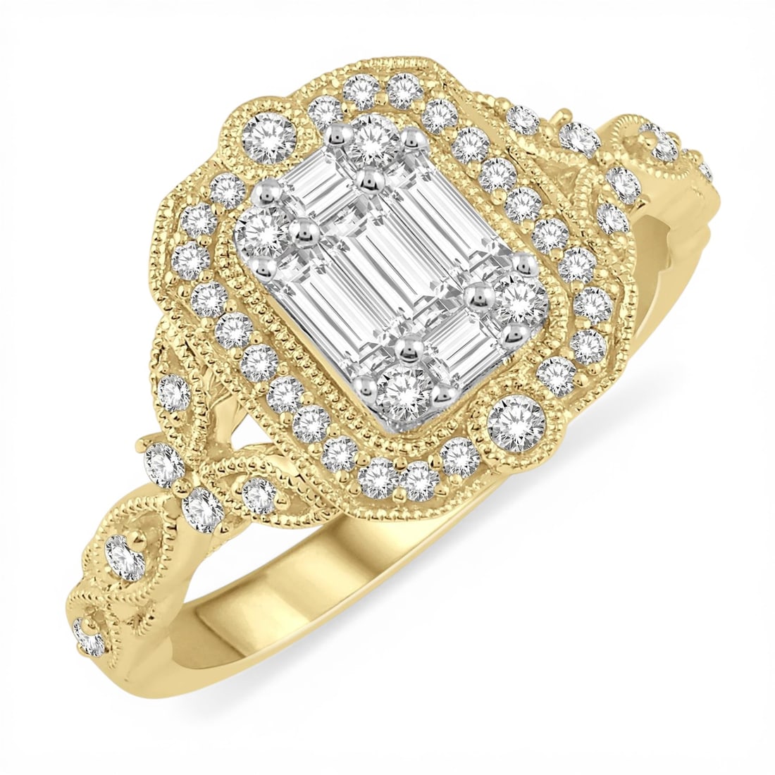 0.60ctw Baguette & Round Diamond 14K Yellow & White Gold Ring: Exuding opulence and grace, this magnificent Intricate lattice ring featuring White Diamond is crafted for the distinguished. Crafted with precision, the Halo setting is seamlessly integrated into 4.0