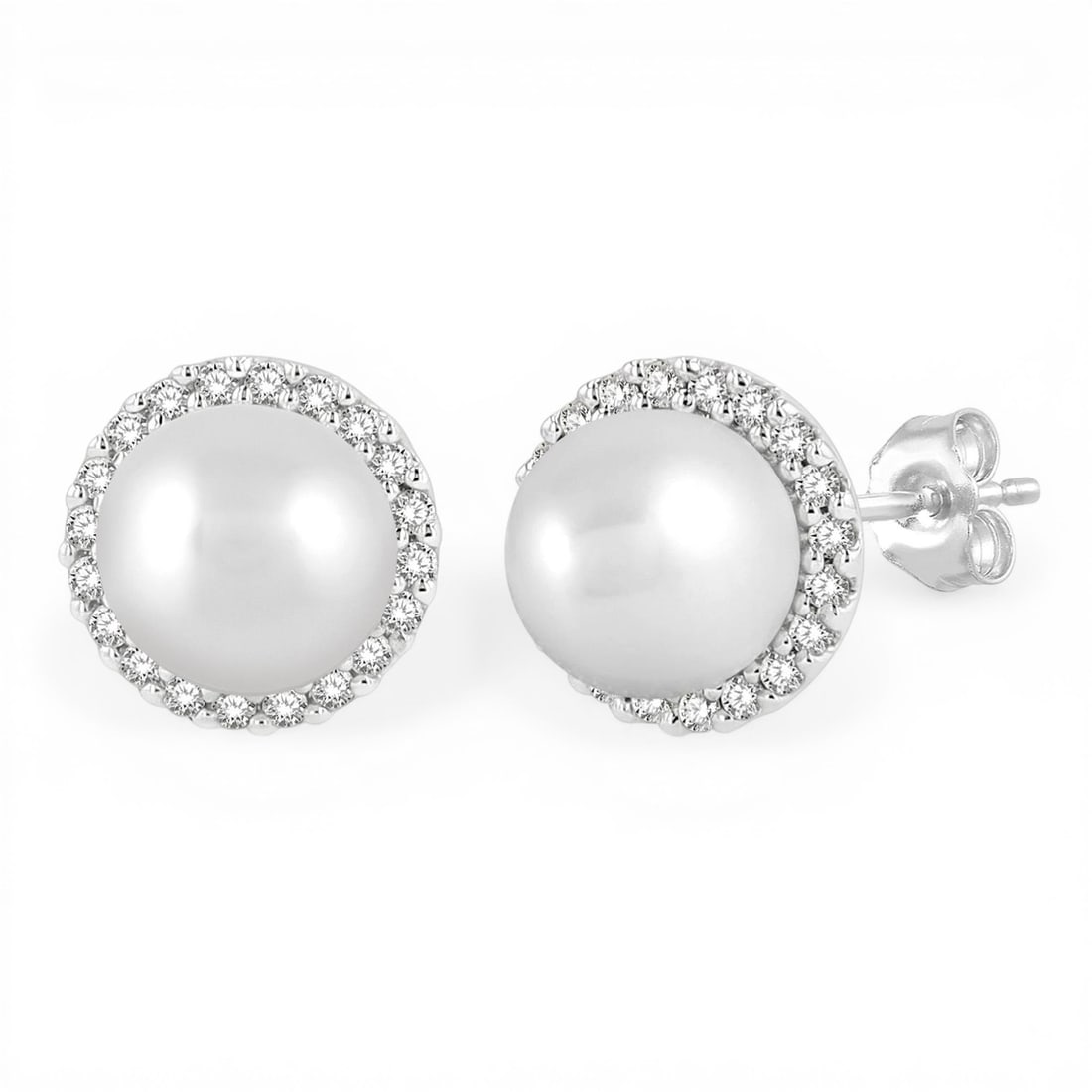 5.5mm Cultured Pearl and 0.12ctw Diamond 10K White Gold Stud Earrings: Rare and radiant, this elegant Halo pair of earrings featuring Cultured Pearl, White Diamond offers a touch of the extraordinary. Showcasing the gems in a Halo arrangement, the earrings consists of 0.