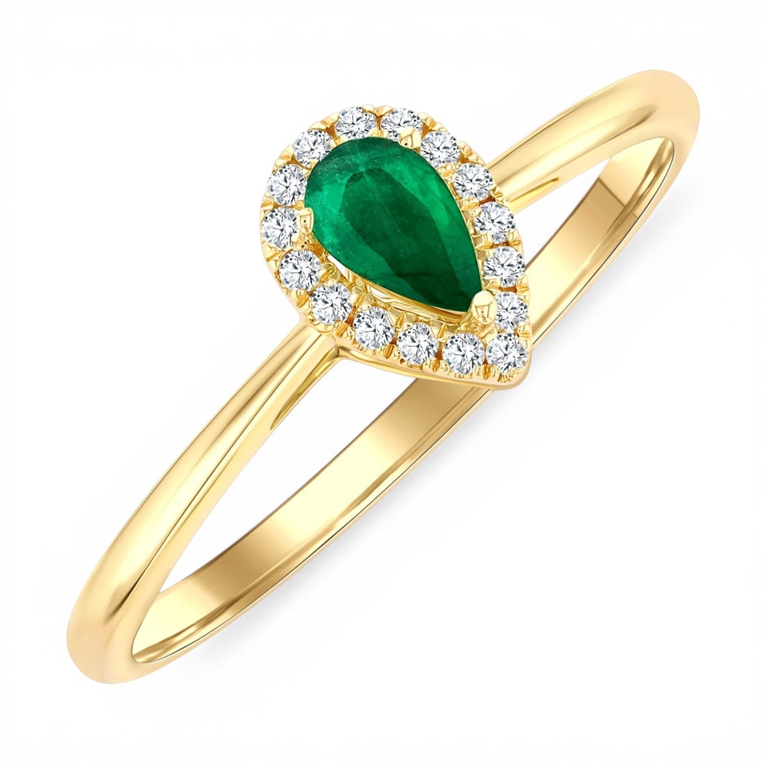 5x3mm Pear Emerald And 0.07ctw Diamond Accent 10K Yellow Gold Ring: A vision of luxury, this elegant Halo Ring featuring Emerald, White Diamond defines sophistication. The gemstones are nestled within a Halo framework, supported by a substantial 1.25 grams 10K Yellow