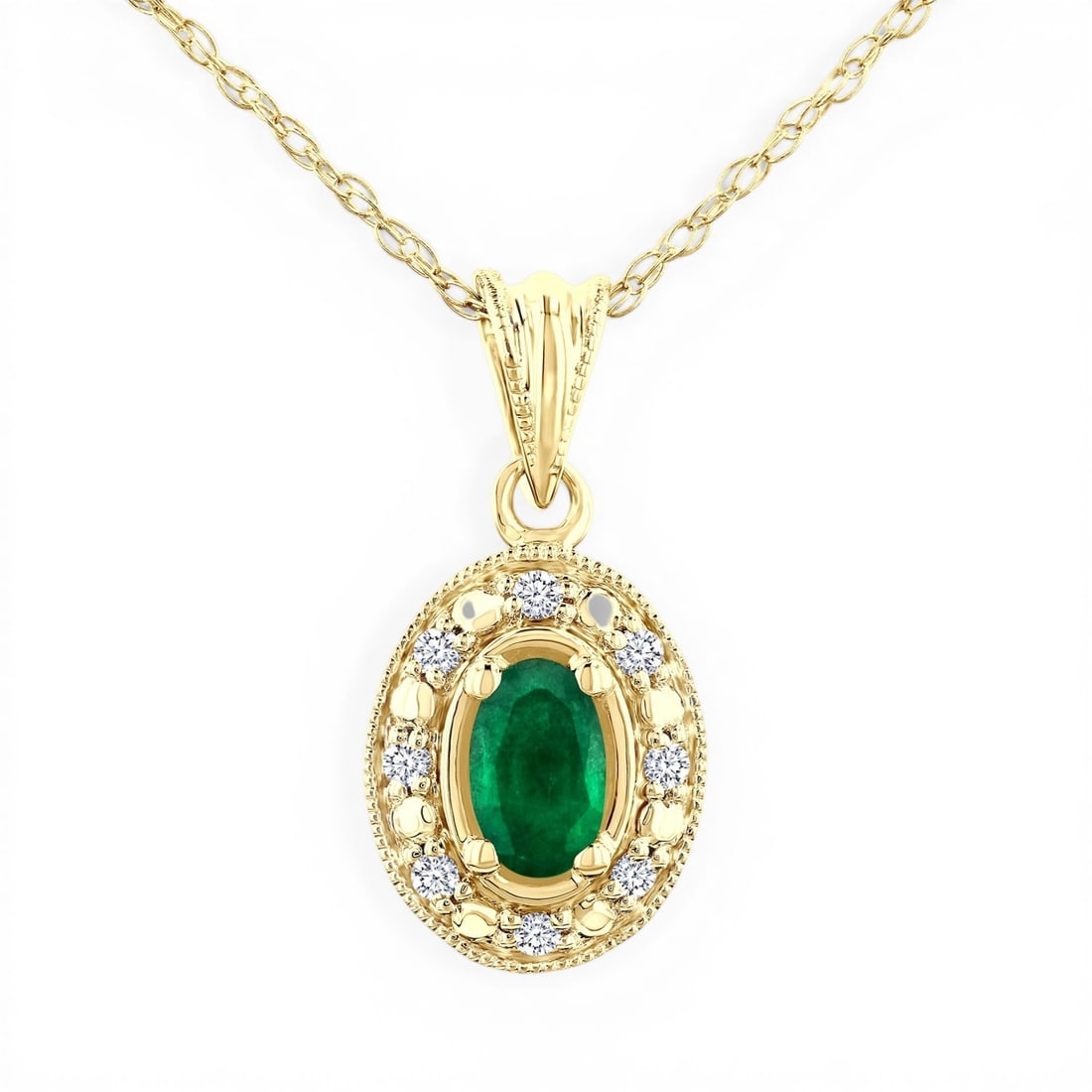 5x3mm Oval Emerald and 0.05ctw Diamond 14K Yellow Gold Pendant: A symphony of light and color, this stunning Halo pendant featuring Emerald, White Diamond embodies the pinnacle of luxury. The gemstones are nestled within a Halo framework, supported by a substantia