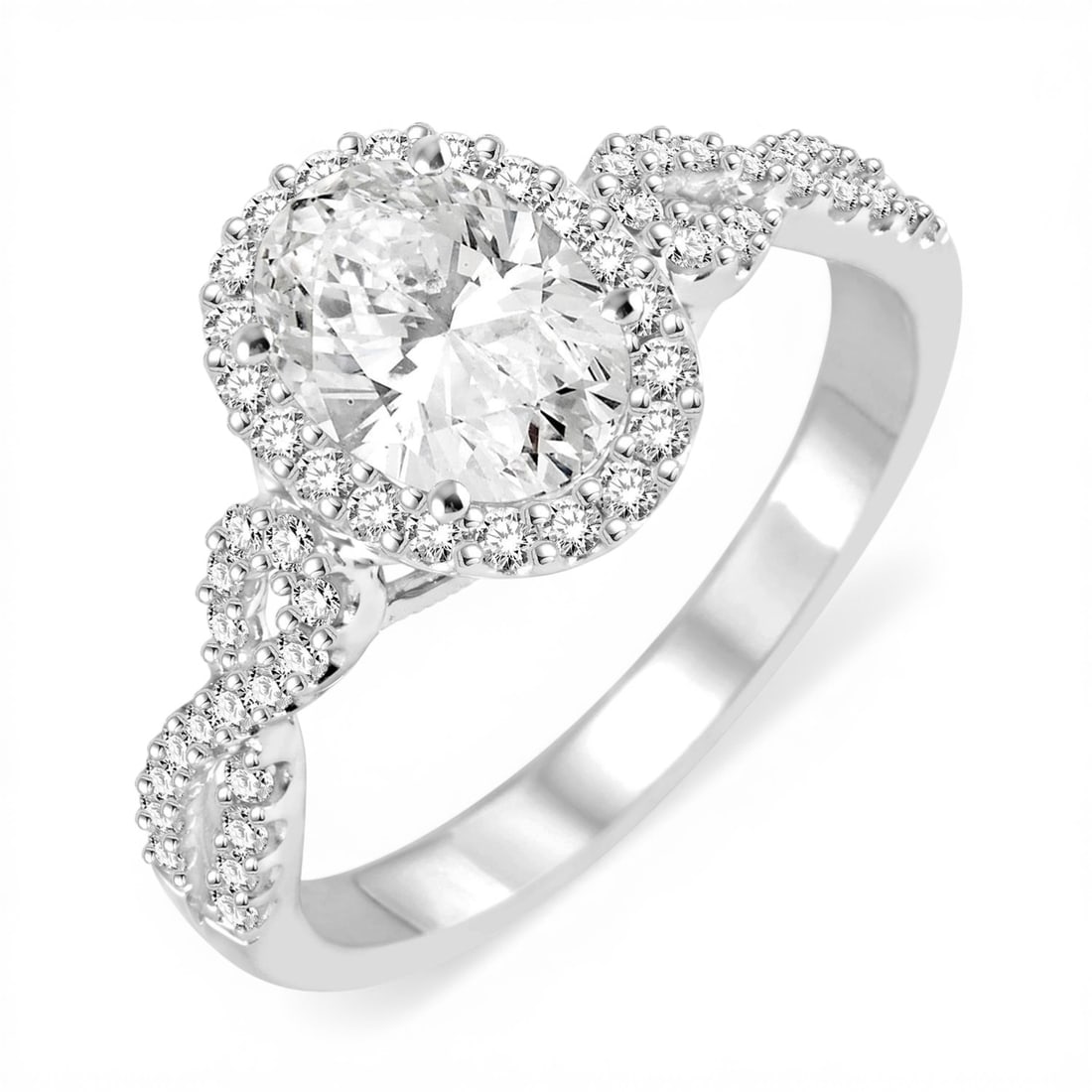 0.57ctw Oval Diamond Halo Twisted Shank 14K White Gold Engagement Ring: Timeless and sophisticated, this elegant Halo ring featuring White Diamond radiates enduring beauty. Expertly mounted in a Halo setting, the ring is crafted in 2.25 grams of solid 14K White Gold. This