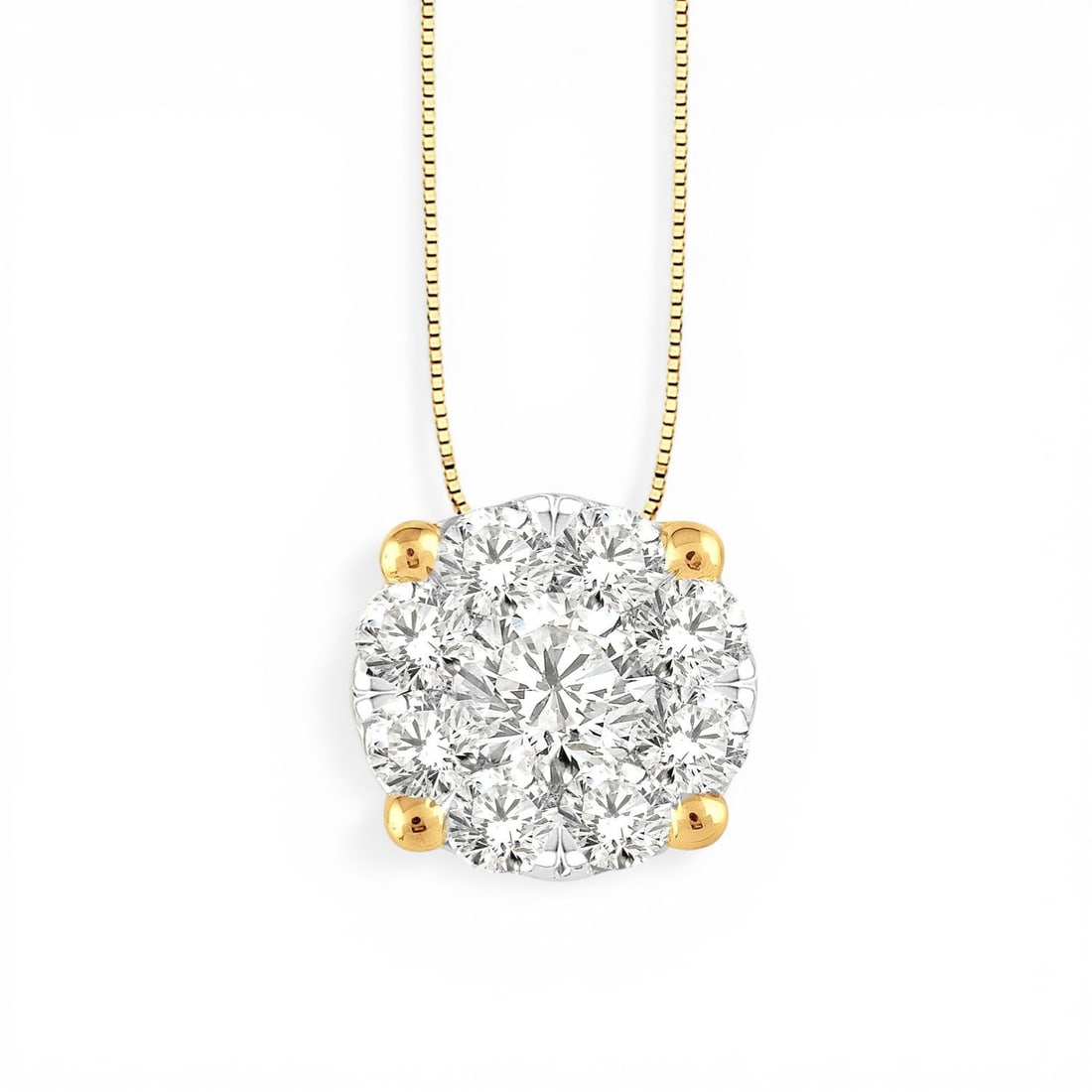 0.25ctw Round Diamond Cluster Pendant 14K Yellow & White Gold Necklace: Timeless and sophisticated, this elegant Cluster necklace featuring White Diamond radiates enduring beauty. The gemstones are nestled within a Cluster framework, supported by a substantial 0.65 g 14K