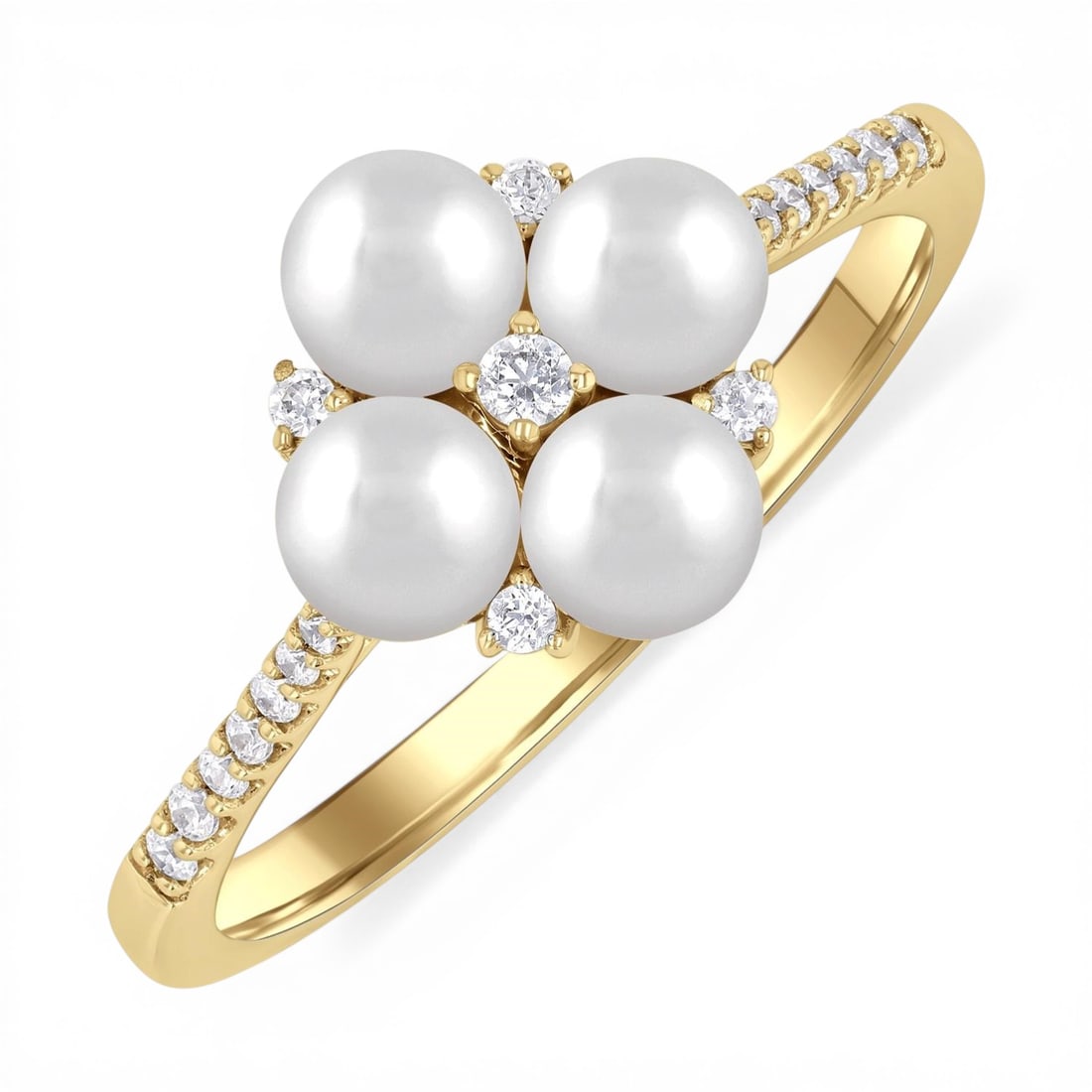 4mm Cultured Pearl and 0.12ctw Diamond 10K Yellow Gold Ring: Exuding opulence and grace, this elegant Floral Center ring featuring Cultured Pearl, White Diamond is crafted for the distinguished. Crafted with precision, the Cluster setting is seamlessly integrat