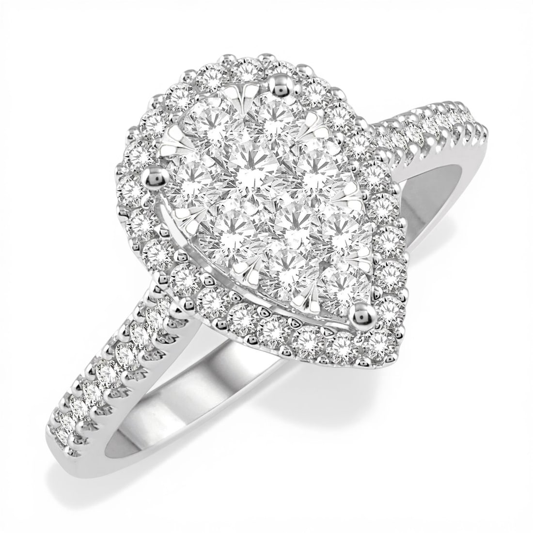 0.79ctw Diamond Cluster 14k White & Rose Gold Ring: Rare and radiant, this stunning Pear Shape Cluster ring featuring Natural Diamonds offers a touch of the extraordinary. Crafted with precision, the Cluster setting is seamlessly integrated into 3.55 g