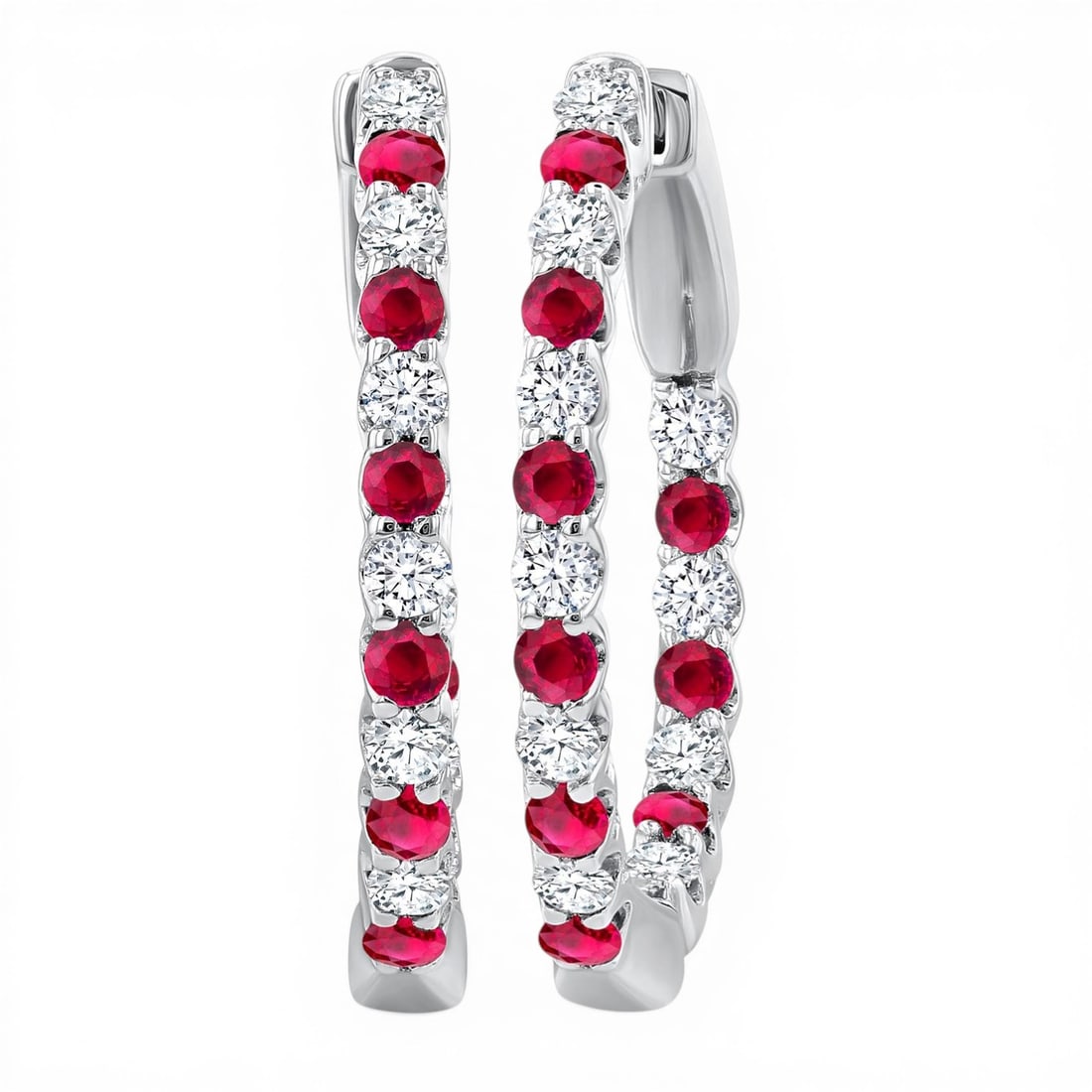 1.8mm Ruby and 0.54ctw Diamond 14K White Gold Hoop Earrings: Defining modern elegance, this stunning Inside-Out Hoop pair of earrings featuring Ruby, White Diamond captures the essence of style. Expertly mounted in an Inside-Out Hoop setting, the earrings are c