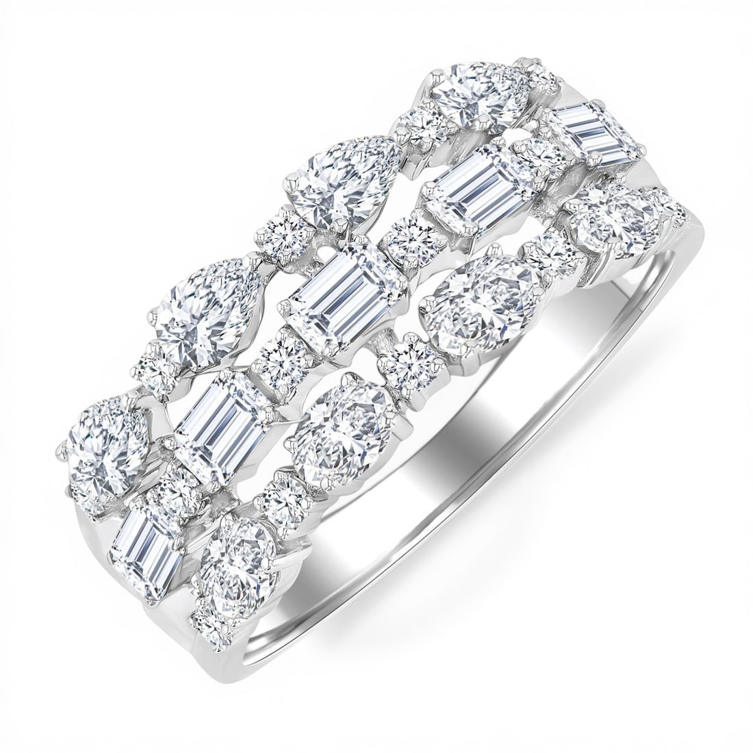 1.49ctw Multi-Cut Diamond Triple Row Fashion Band 14K White Gold Ring: Captured in a moment of brilliance, this stunning Triple Row ring featuring White Diamond speaks to the connoisseur. The gemstones are nestled within a Triple-Row Band framework, supported by a substa