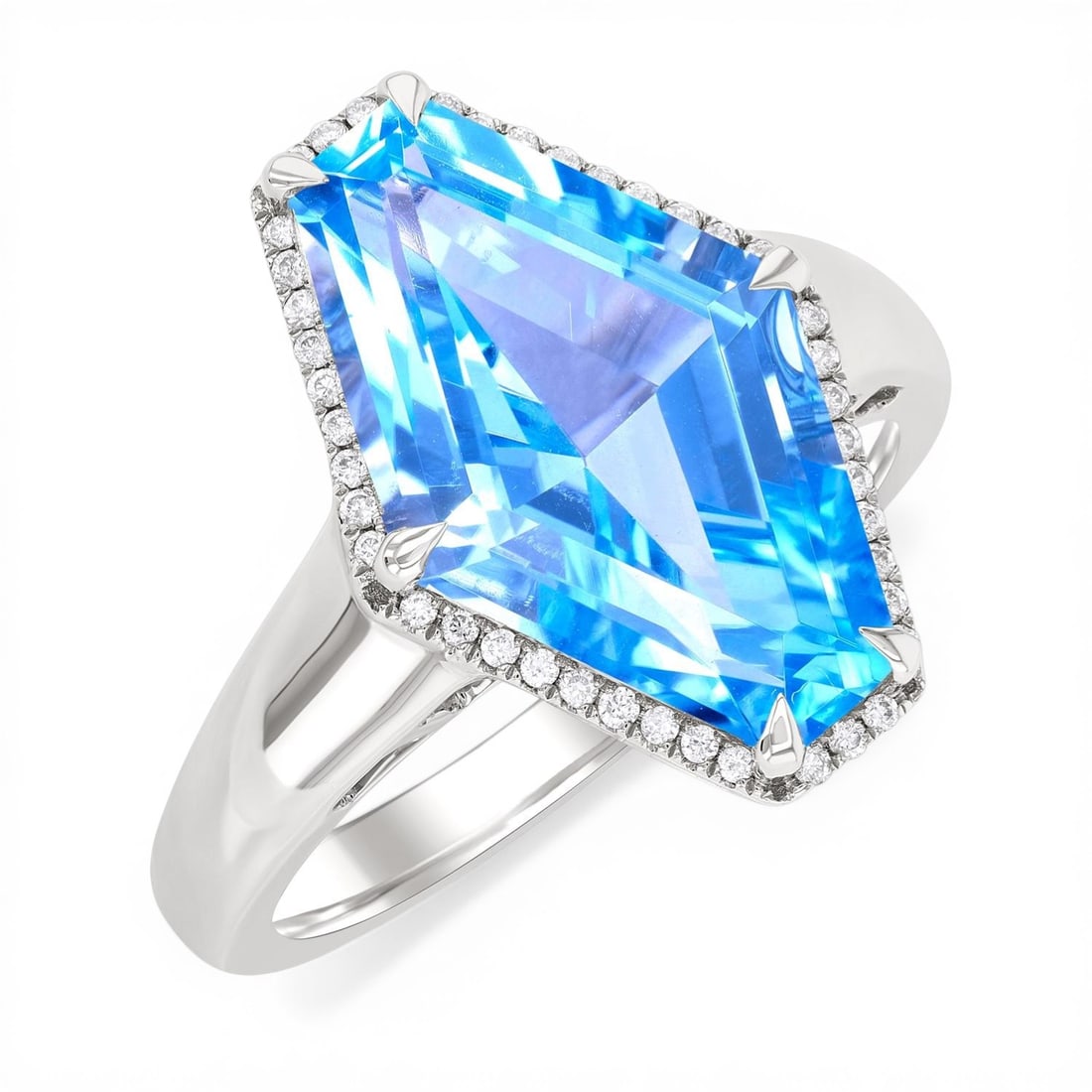 16x10mm Blue Topaz and 0.11ctw Diamond 14K White Gold Ring: Exuding opulence and grace, this magnificent Halo ring featuring Blue Topaz, White Diamond is crafted for the distinguished. Showcasing the gems in a Halo arrangement, the ring consists of 4.9 grams o