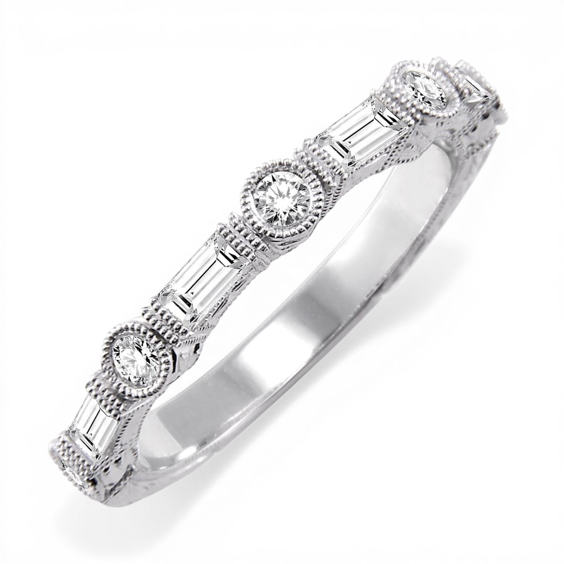 0.46ctw Round & Baguette Diamond 14K White Gold Band Ring: Captured in a moment of brilliance, this stunning Milgrain Fashion Band ring featuring White Diamond speaks to the connoisseur. Expertly mounted in a Bezel and Channel setting, the ring is crafted in