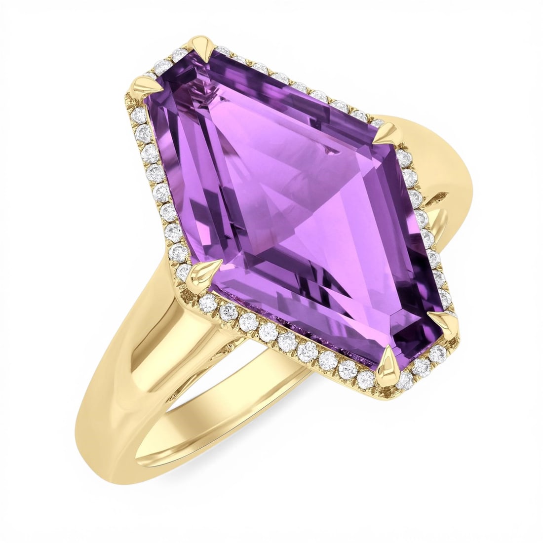 16x10mm Amethyst and 0.11ctw Diamond 14K Yellow Gold Ring: Timeless and sophisticated, this magnificent Halo ring featuring Amethyst, White Diamond radiates enduring beauty. Expertly mounted in a Halo setting, the ring is crafted in 4.9 grams of solid 14K Yel